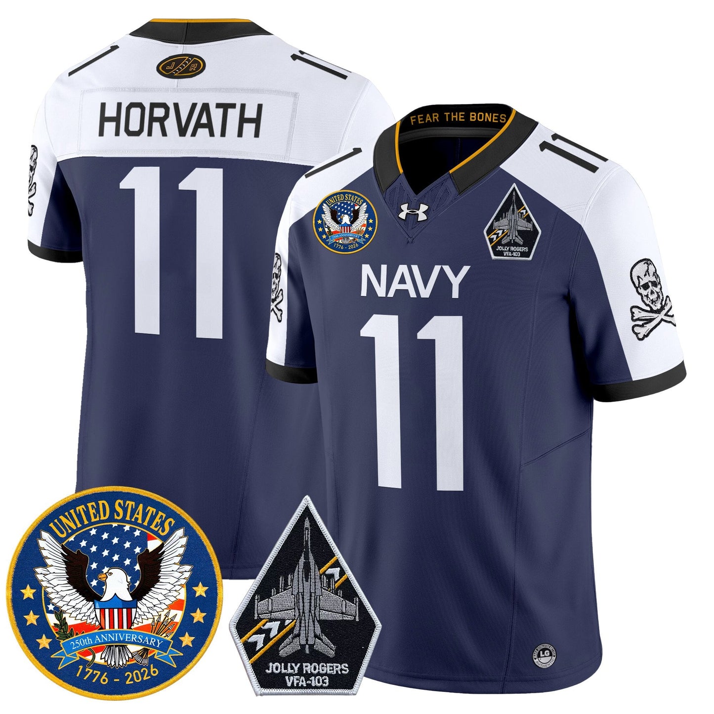 Men's Navy Midshipmen "United States 250th Anniversary Patch" Vapor Limited Jersey - Jolly Rogers Edition - All Stitched