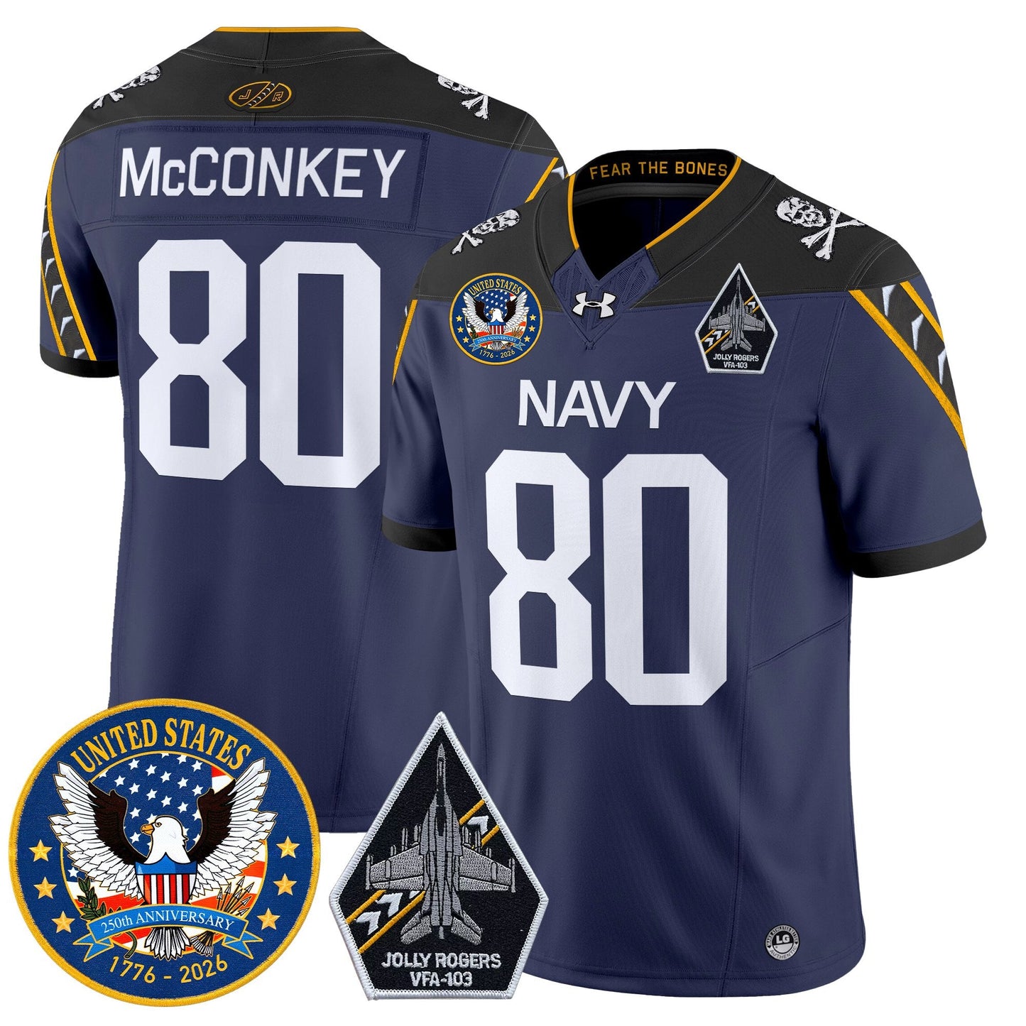 Men's Navy Midshipmen "United States 250th Anniversary Patch" Vapor Limited Jersey - Jolly Rogers Edition - All Stitched