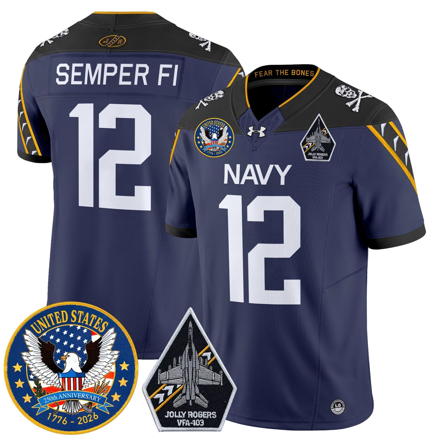 Men's Navy Midshipmen "United States 250th Anniversary Patch" Vapor Limited Jersey - Jolly Rogers Edition - All Stitched