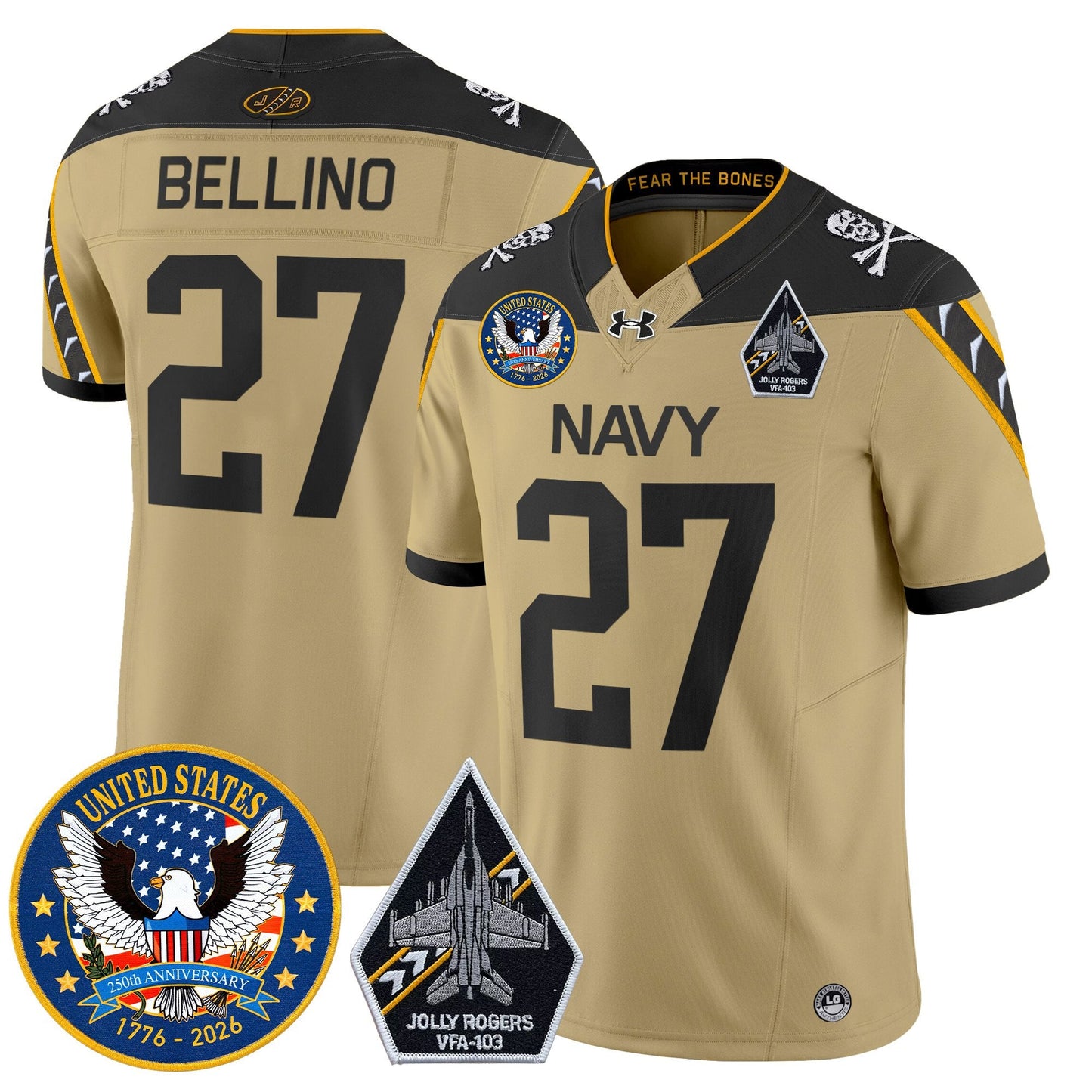 Men's Navy Midshipmen "United States 250th Anniversary Patch" Vapor Limited Jersey - Jolly Rogers Edition - All Stitched