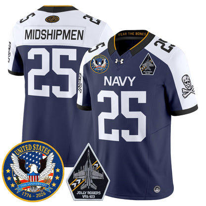 Men's Navy Midshipmen "United States 250th Anniversary Patch" Vapor Limited Jersey - Jolly Rogers Edition - All Stitched