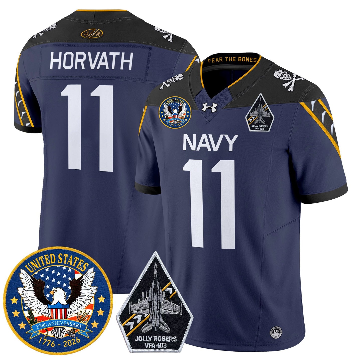 Men's Navy Midshipmen "United States 250th Anniversary Patch" Vapor Limited Jersey - Jolly Rogers Edition - All Stitched