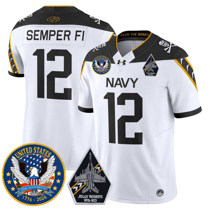 Men's Navy Midshipmen "United States 250th Anniversary Patch" Vapor Limited Jersey - Jolly Rogers Edition - All Stitched