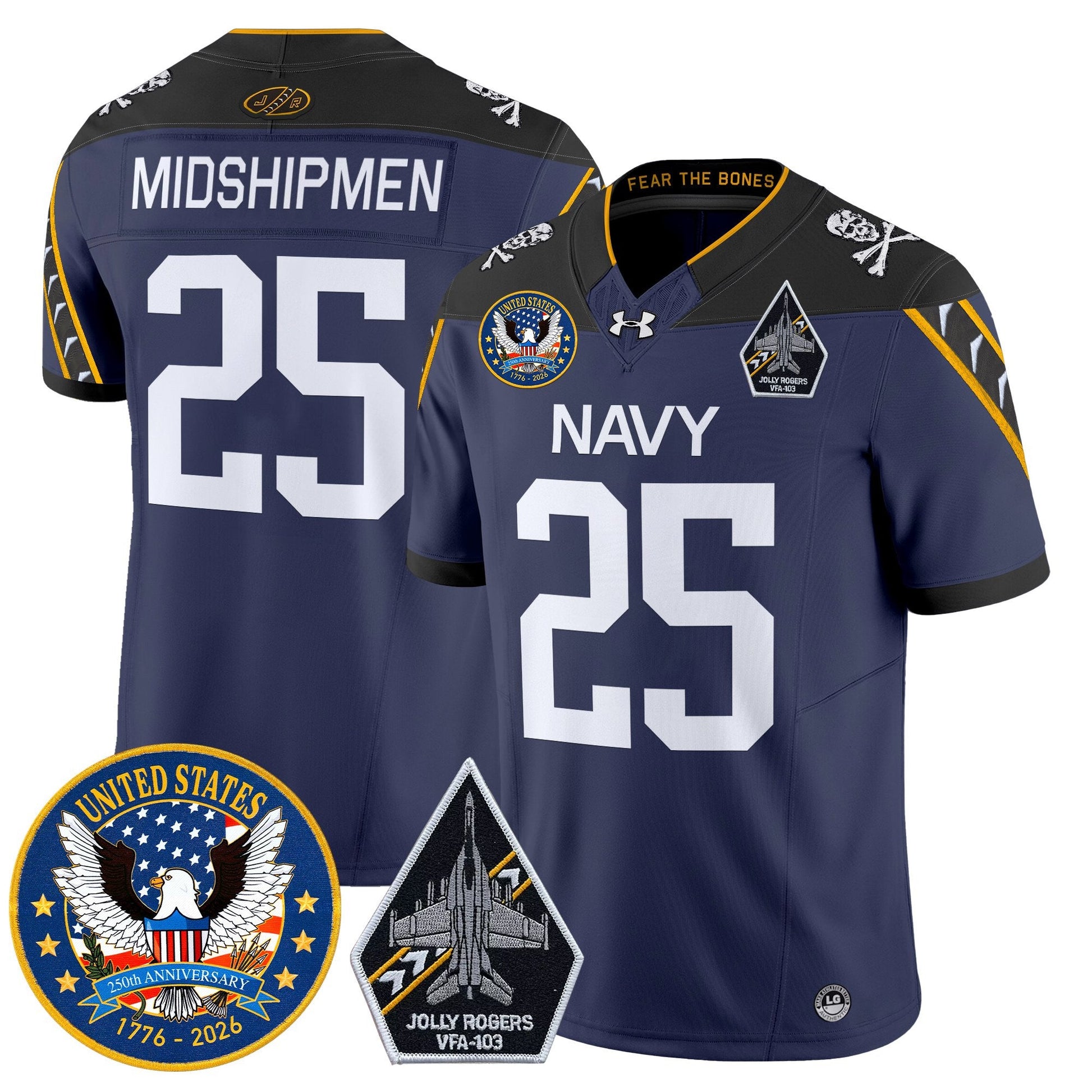 Men's Navy Midshipmen "United States 250th Anniversary Patch" Vapor Limited Jersey - Jolly Rogers Edition - All Stitched