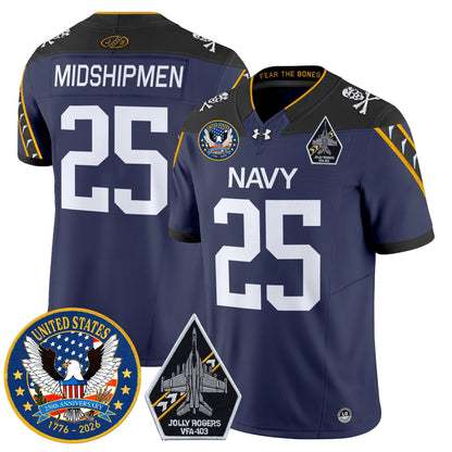 Men's Navy Midshipmen "United States 250th Anniversary Patch" Vapor Limited Jersey - Jolly Rogers Edition - All Stitched
