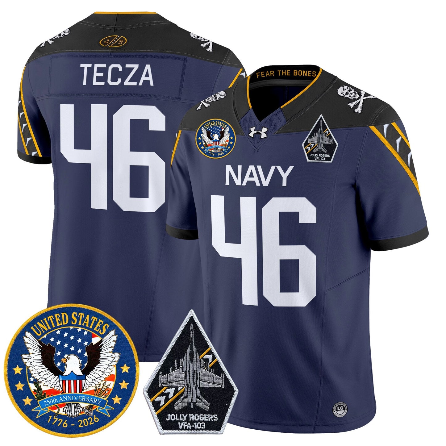 Men's Navy Midshipmen "United States 250th Anniversary Patch" Vapor Limited Jersey - Jolly Rogers Edition - All Stitched
