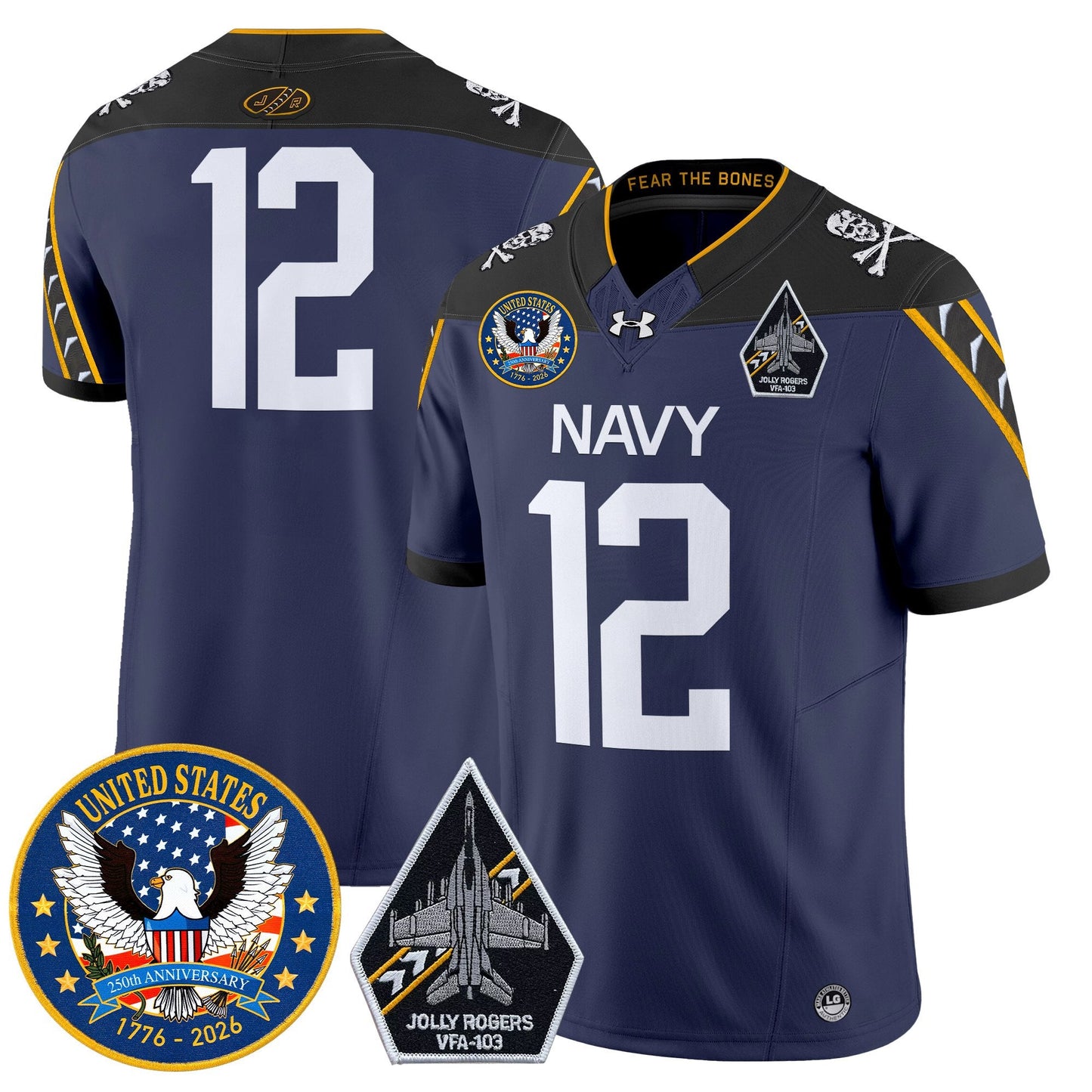 Men's Navy Midshipmen "United States 250th Anniversary Patch" Vapor Limited Jersey - Jolly Rogers Edition - All Stitched