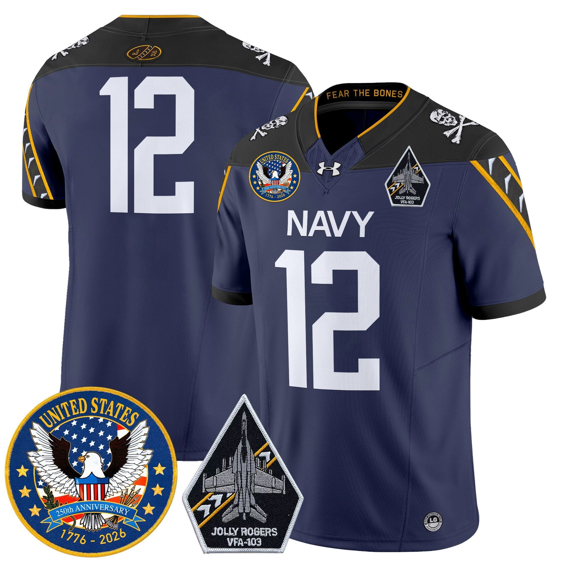 Men's Navy Midshipmen "United States 250th Anniversary Patch" Vapor Limited Jersey - Jolly Rogers Edition - All Stitched