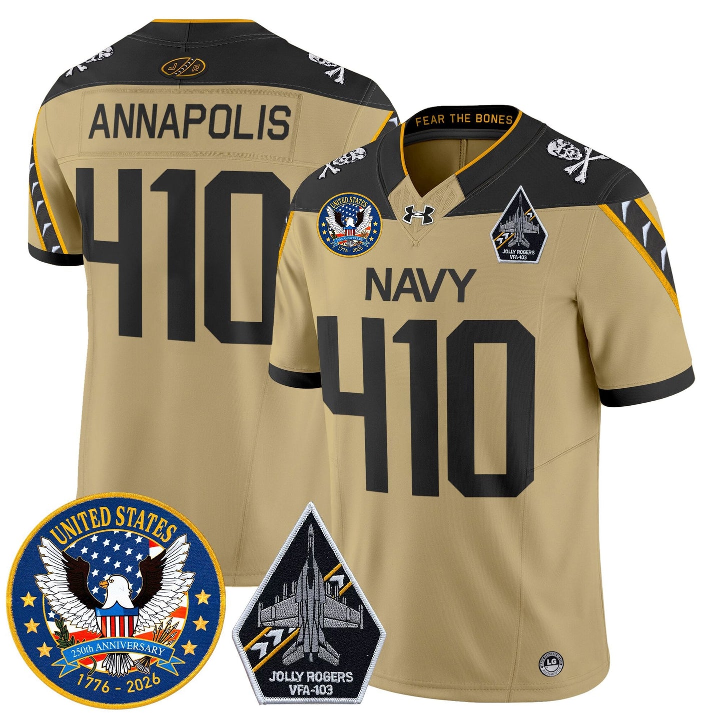 Men's Navy Midshipmen "United States 250th Anniversary Patch" Vapor Limited Jersey - Jolly Rogers Edition - All Stitched
