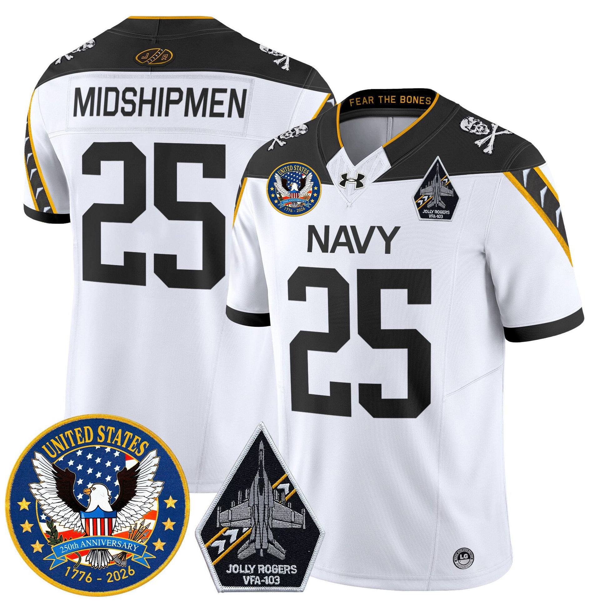 Men's Navy Midshipmen "United States 250th Anniversary Patch" Vapor Limited Jersey - Jolly Rogers Edition - All Stitched