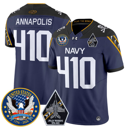 Men's Navy Midshipmen "United States 250th Anniversary Patch" Vapor Limited Jersey - Jolly Rogers Edition - All Stitched
