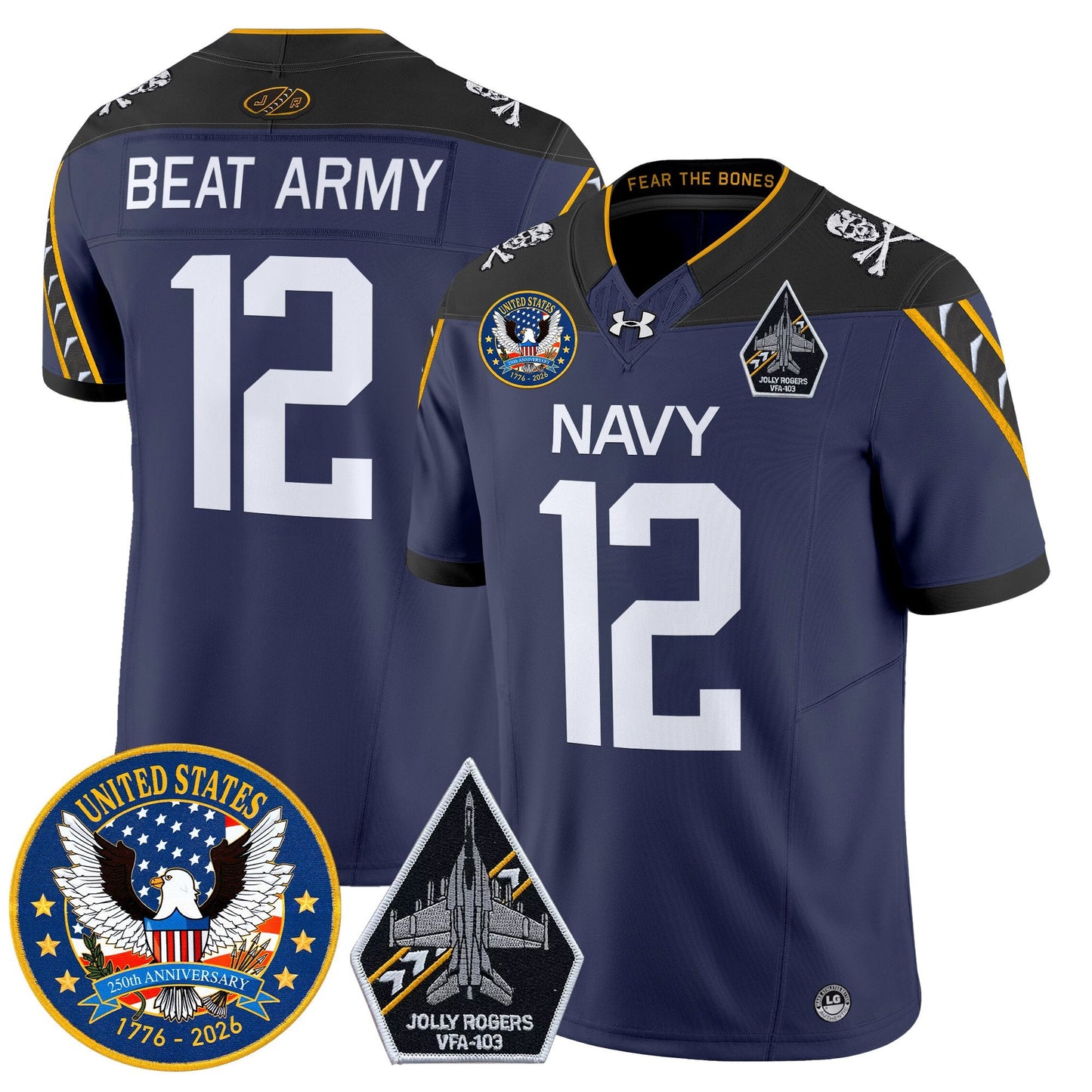 Men's Navy Midshipmen "United States 250th Anniversary Patch" Vapor Limited Jersey - Jolly Rogers Edition - All Stitched