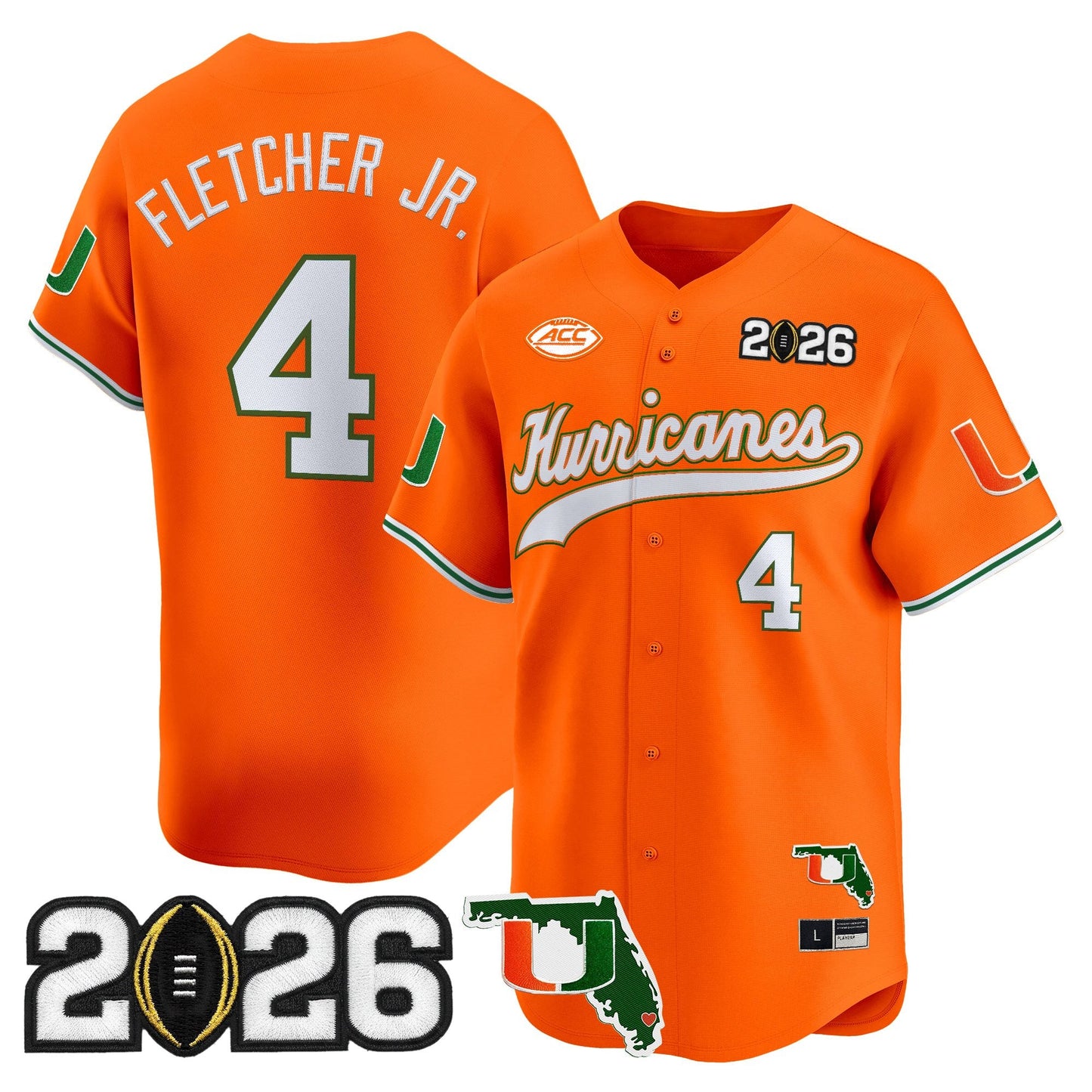 Men's Miami Hurricanes 2026 CFP Final & Florida Patch Vapor Baseball Jersey - All Stitched