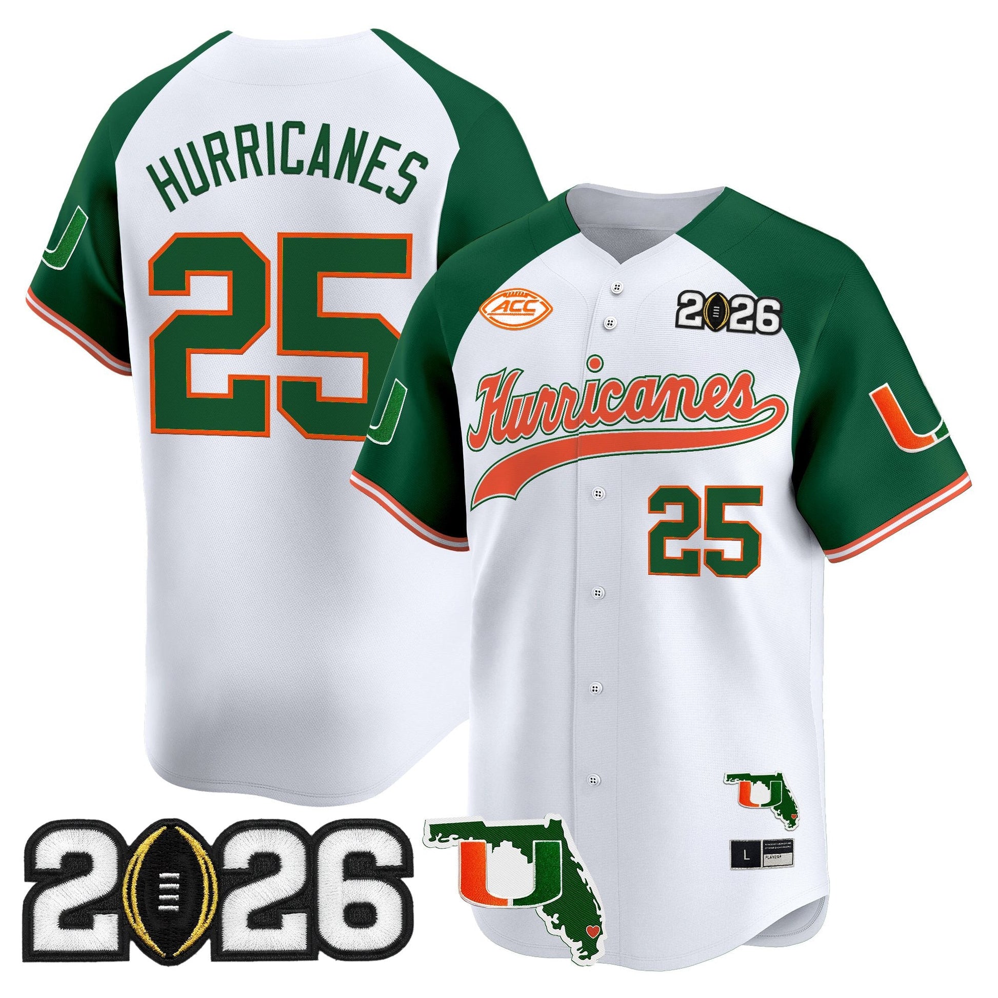 Men's Miami Hurricanes 2026 CFP Final & Florida Patch Vapor Baseball Jersey - All Stitched