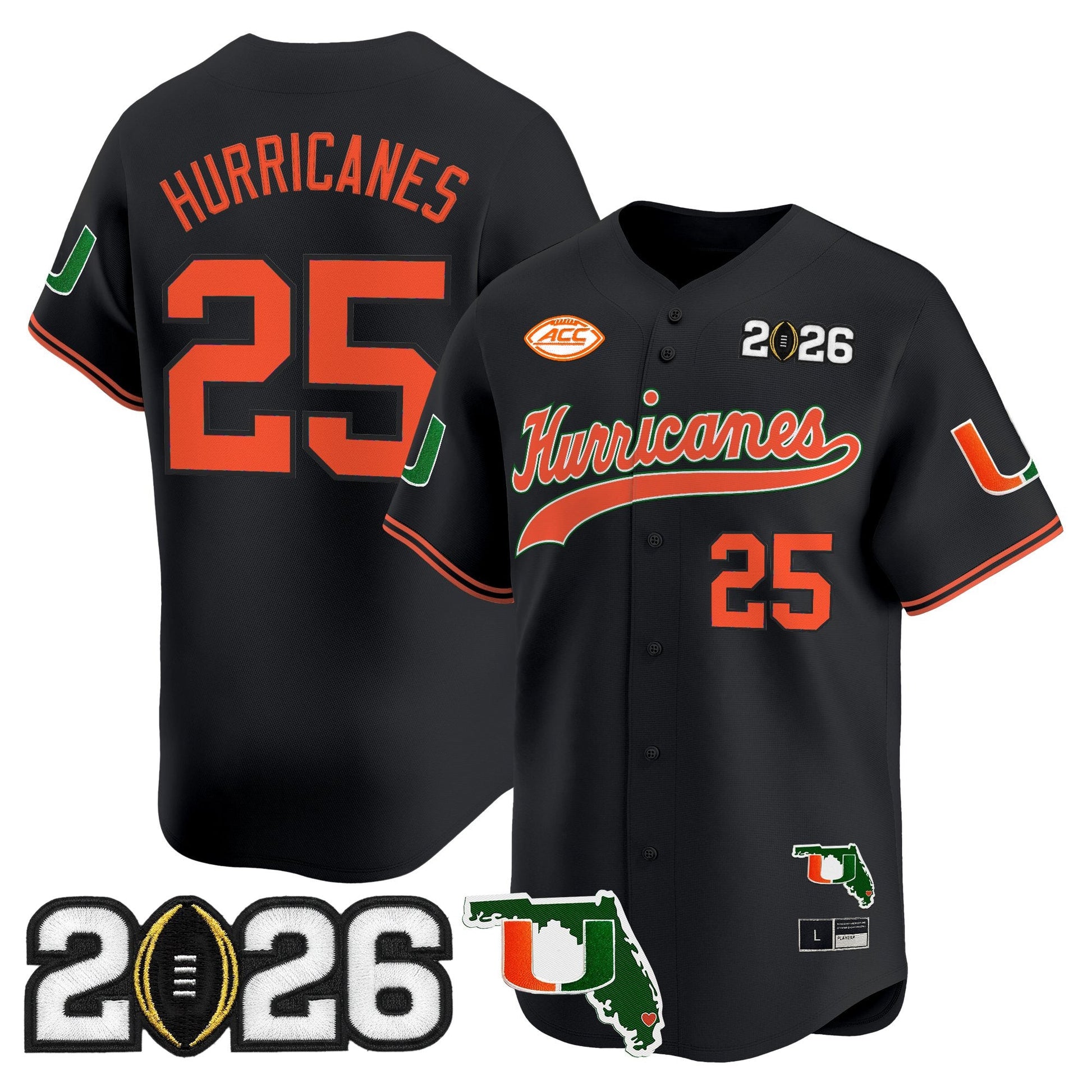 Men's Miami Hurricanes 2026 CFP Final & Florida Patch Vapor Baseball Jersey - All Stitched