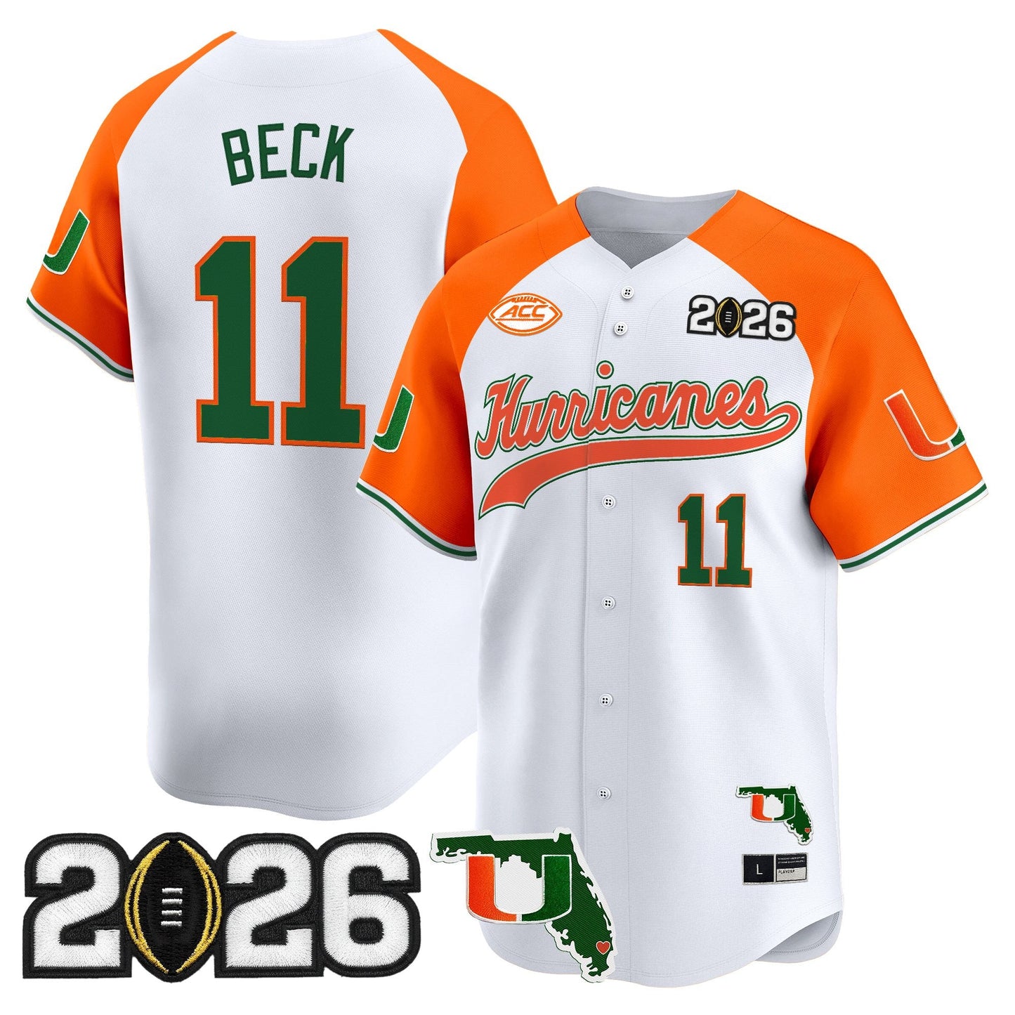 Men's Miami Hurricanes 2026 CFP Final & Florida Patch Vapor Baseball Jersey - All Stitched