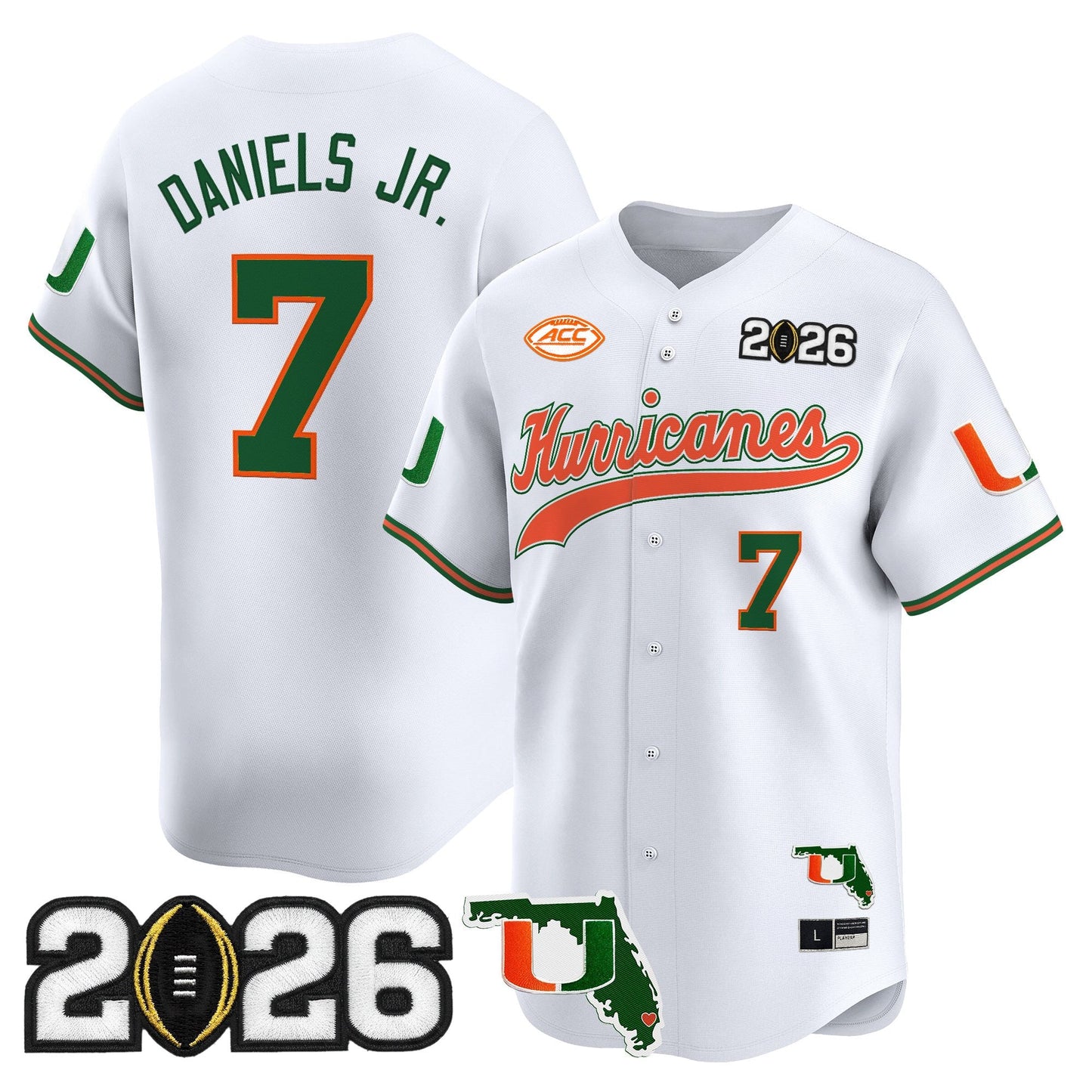 Men's Miami Hurricanes 2026 CFP Final & Florida Patch Vapor Baseball Jersey - All Stitched