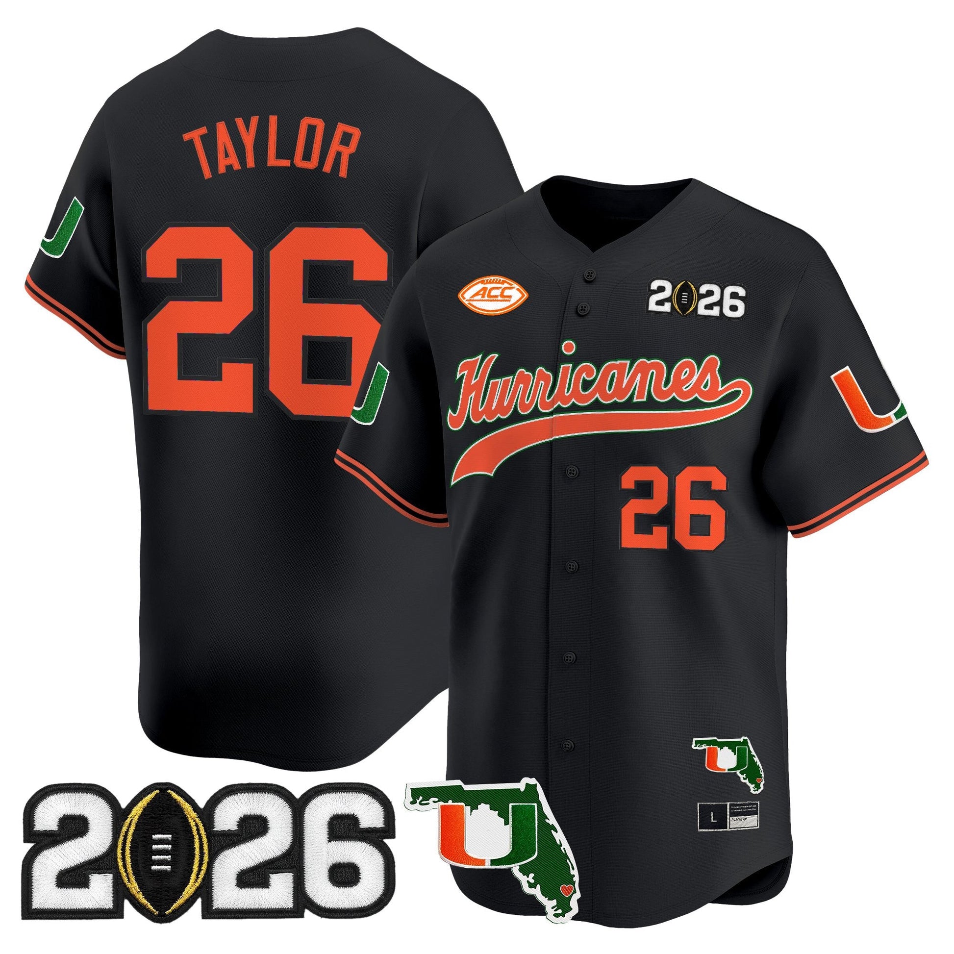 Men's Miami Hurricanes 2026 CFP Final & Florida Patch Vapor Baseball Jersey - All Stitched