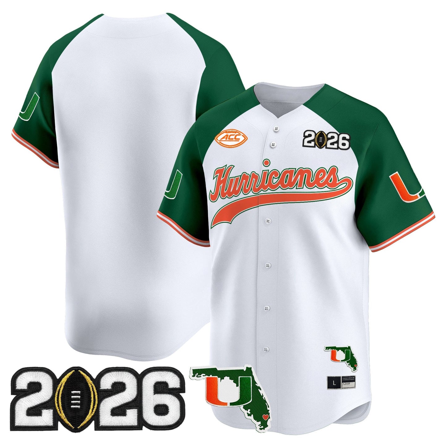 Men's Miami Hurricanes 2026 CFP Final & Florida Patch Vapor Baseball Jersey - All Stitched
