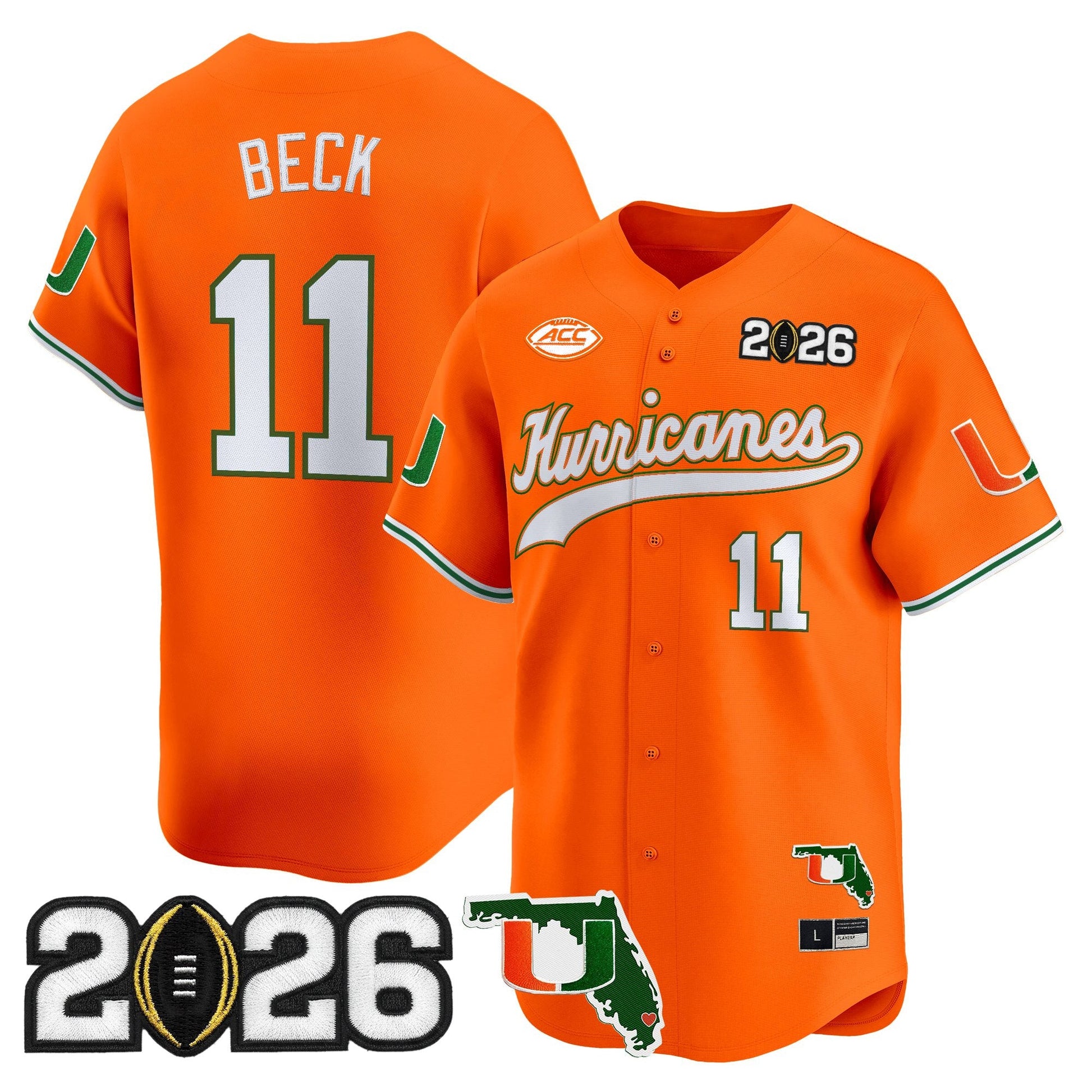 Men's Miami Hurricanes 2026 CFP Final & Florida Patch Vapor Baseball Jersey - All Stitched