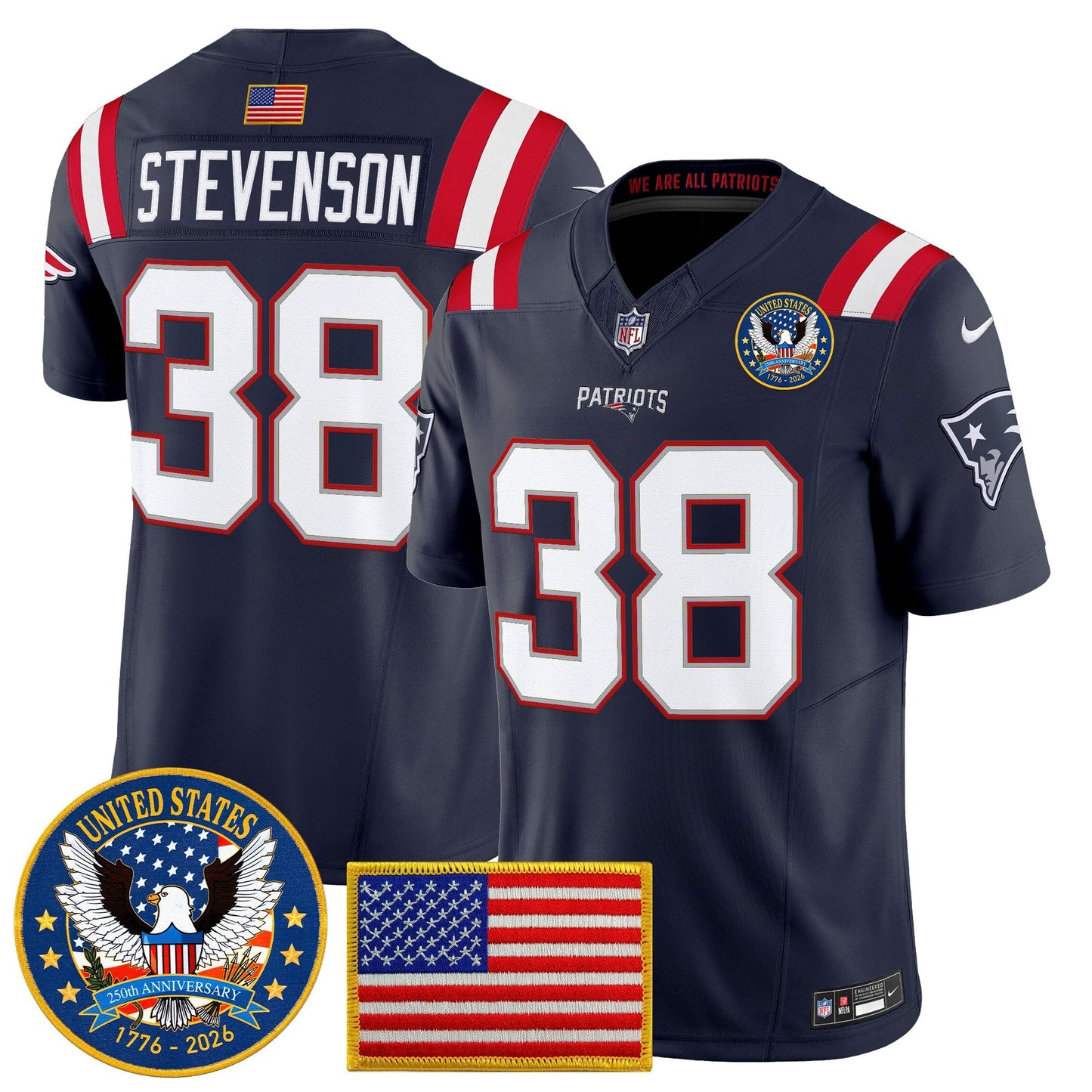 Men's New England Patriots "United States 250th Anniversary Patch" Vapor Limited Jersey - All Stitched