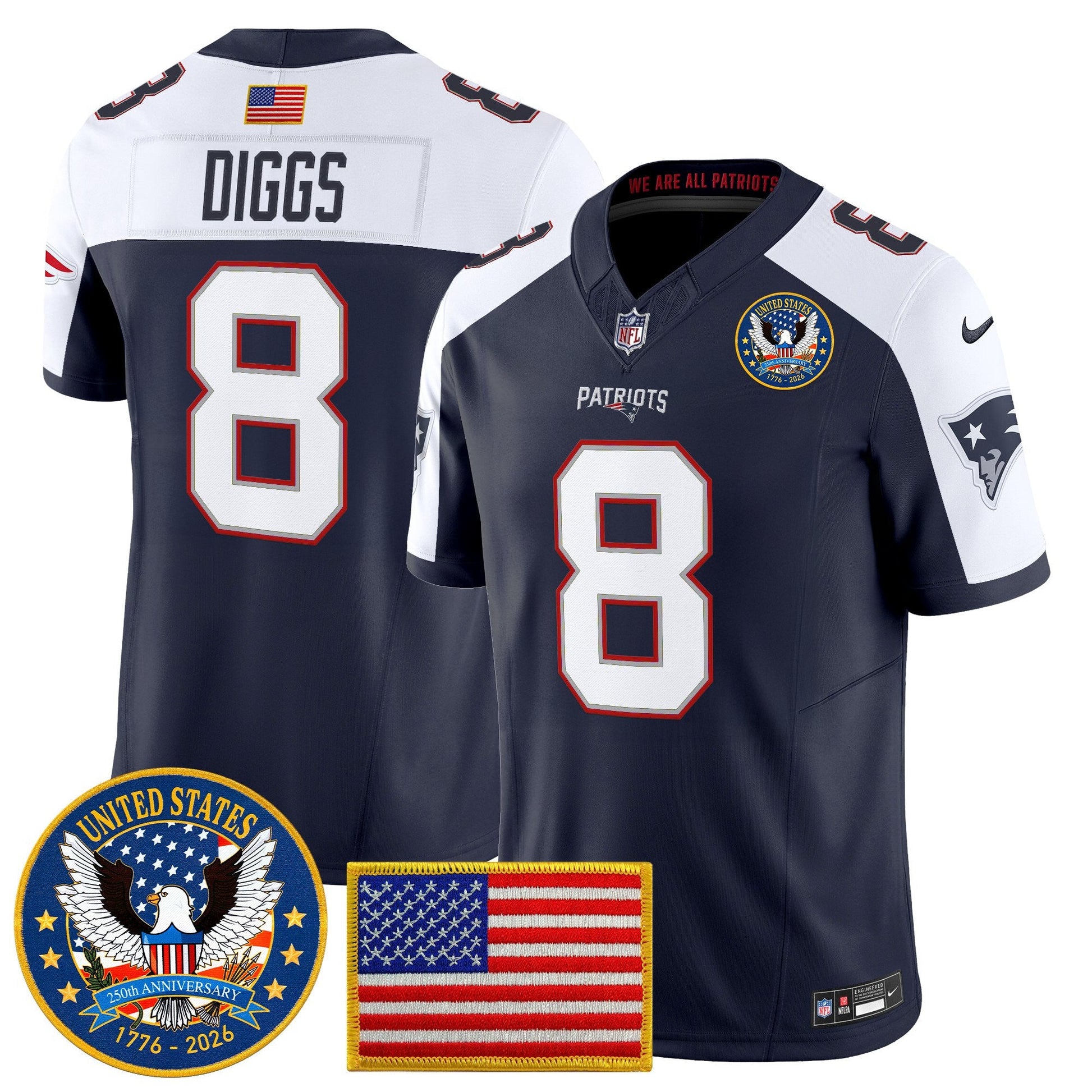 Men's New England Patriots "United States 250th Anniversary Patch" Vapor Limited Jersey - All Stitched