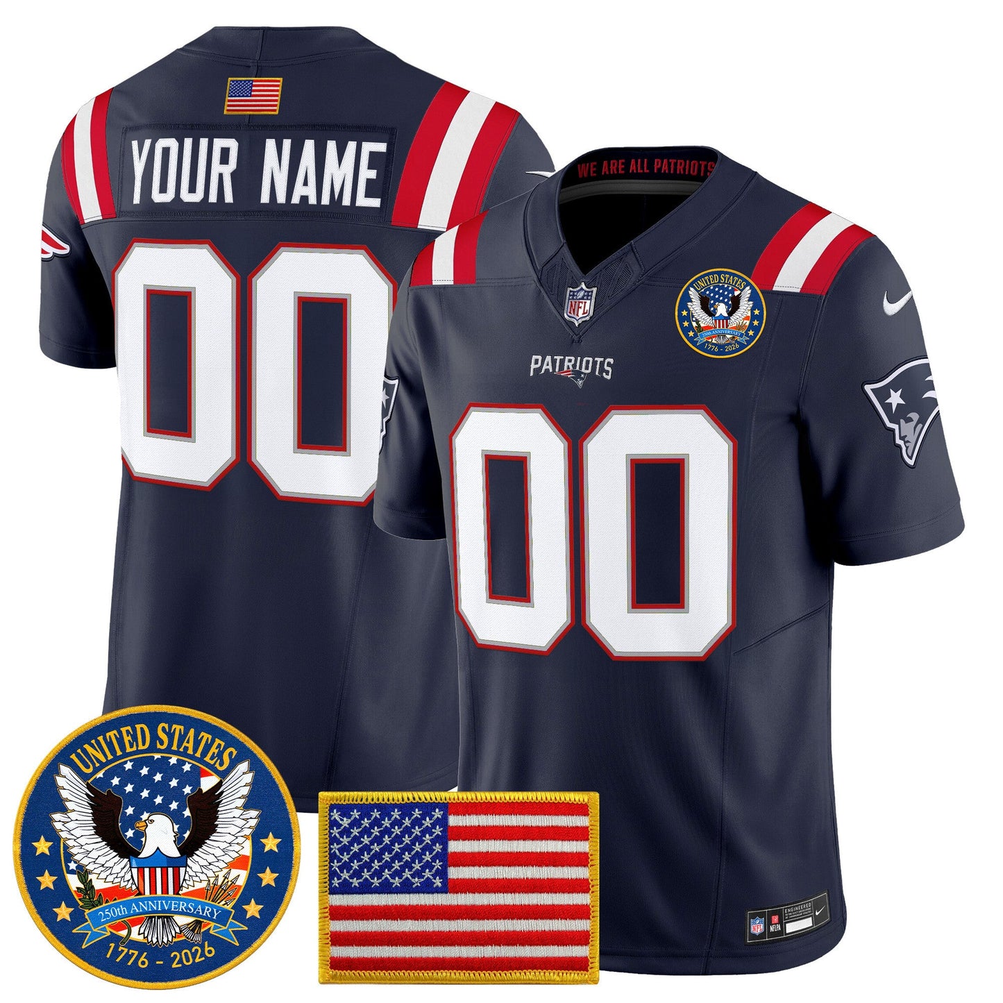 New England Patriots "United States 250th Anniversary Patch" Vapor Limited Custom Jersey - All Stitched