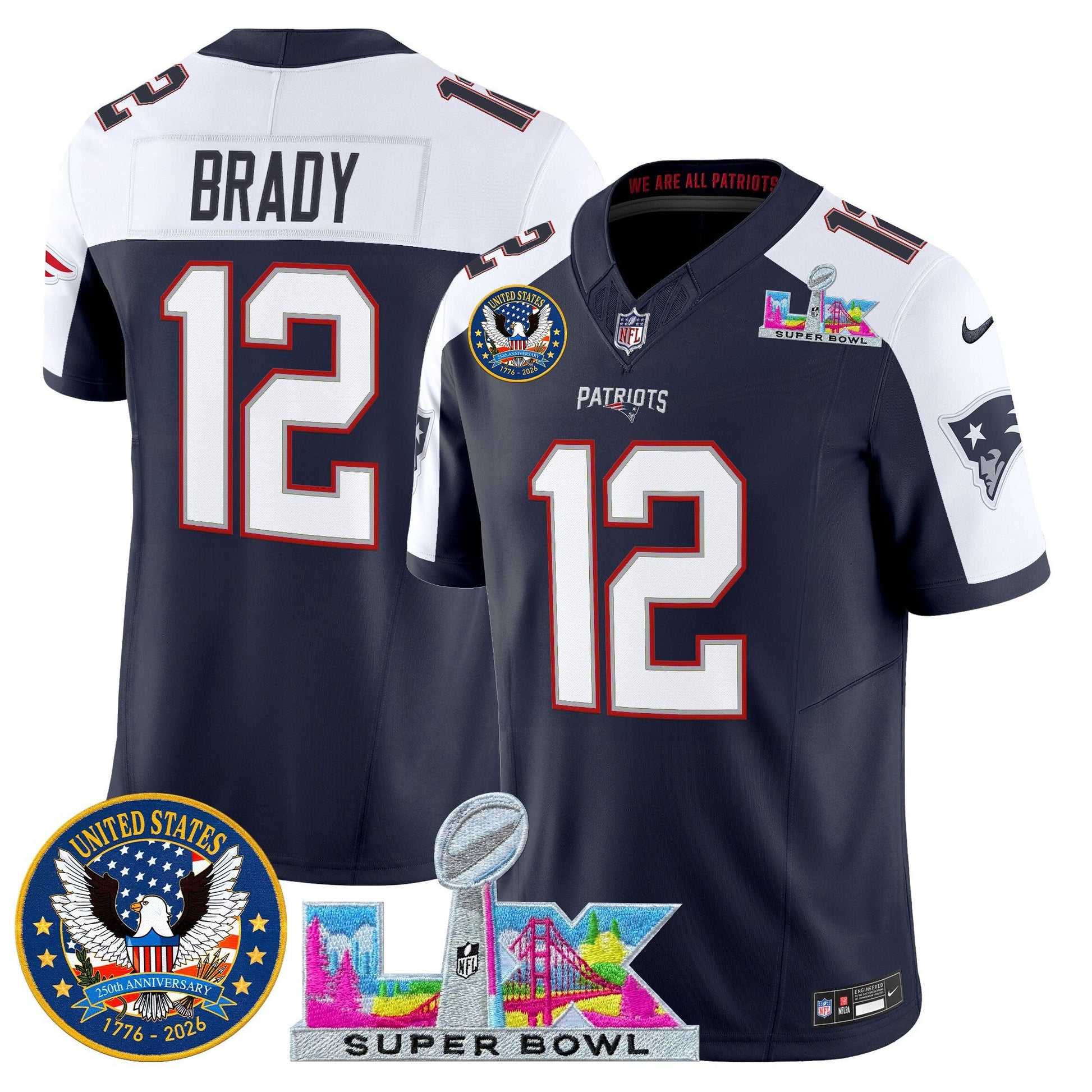 Men's New England Patriots "Super Bowl LX & United States 250th Patch" Vapor Limited Jersey - All Stitched