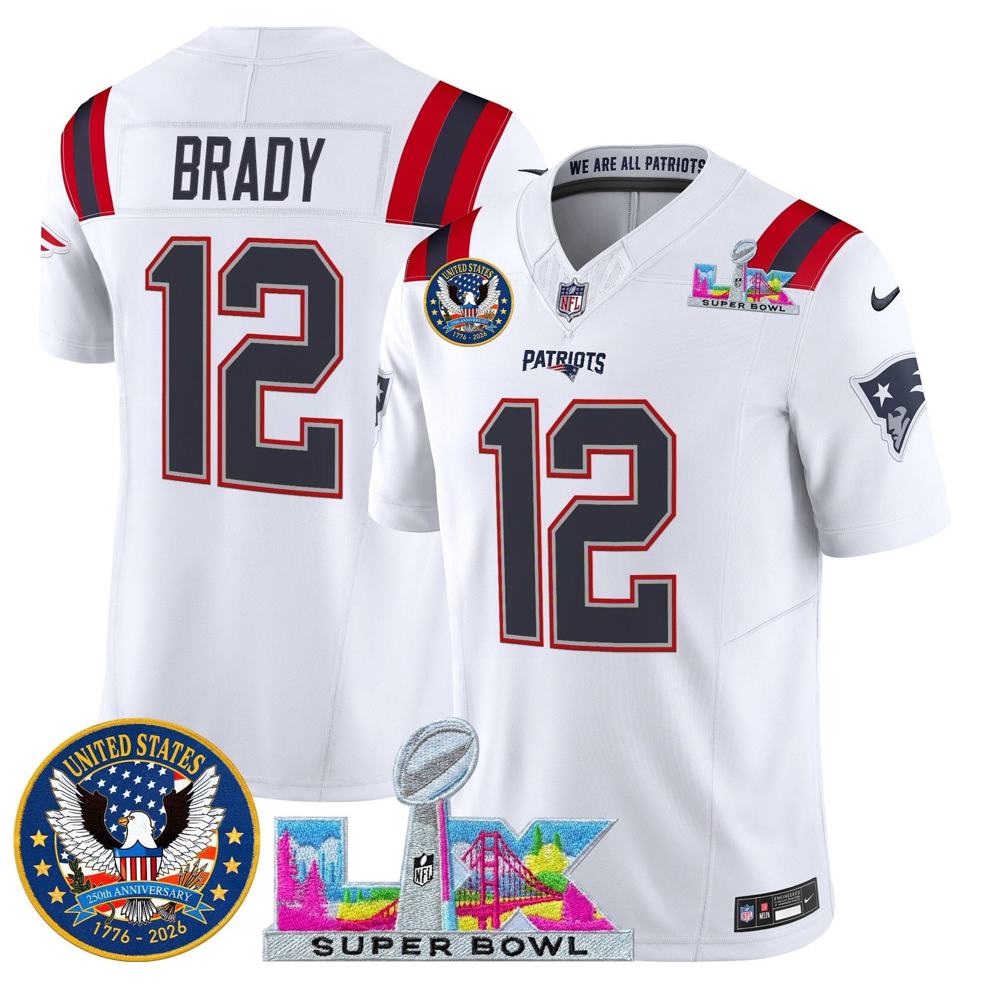Men's New England Patriots "Super Bowl LX & United States 250th Patch" Vapor Limited Jersey - All Stitched