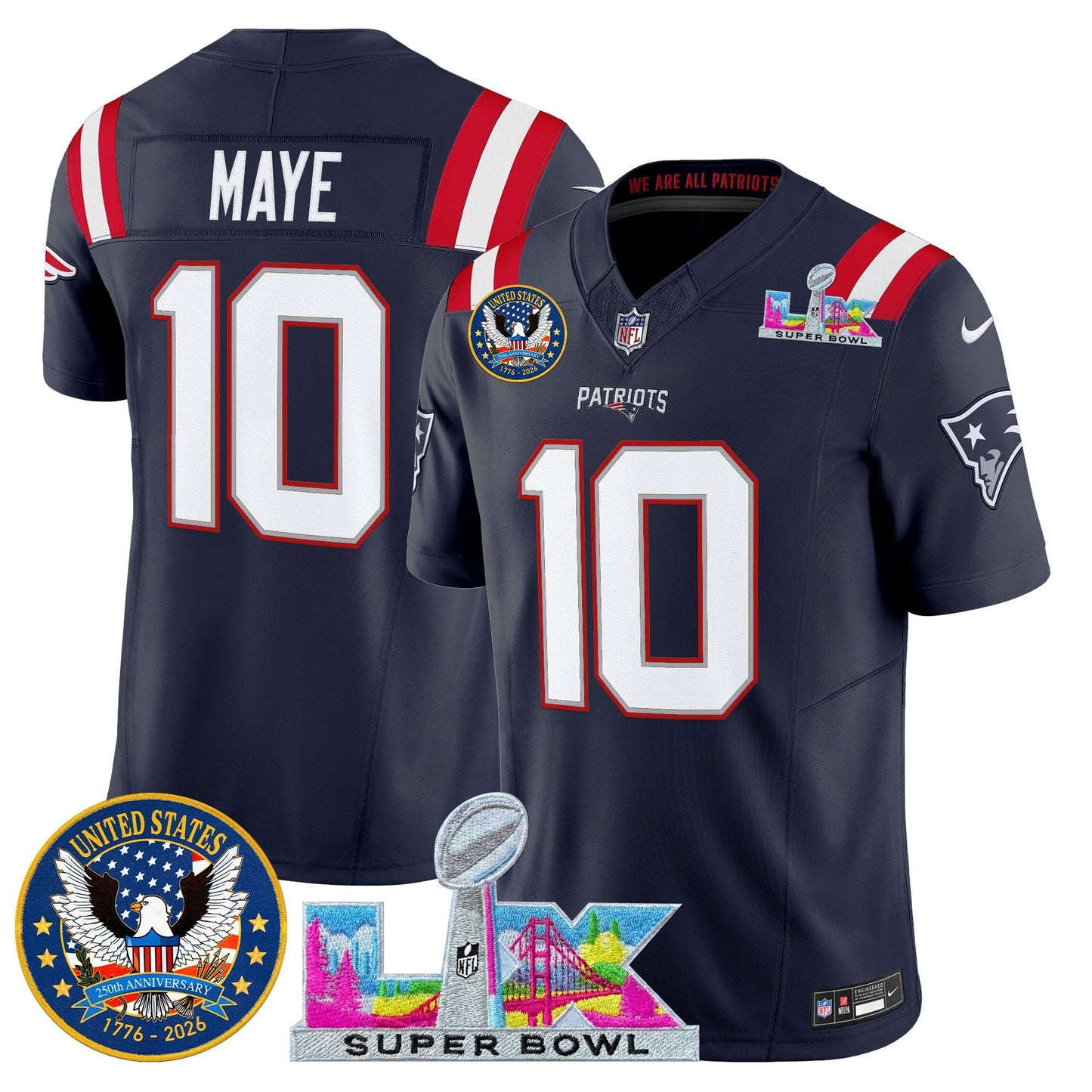 Men's New England Patriots "Super Bowl LX & United States 250th Patch" Vapor Limited Jersey - All Stitched