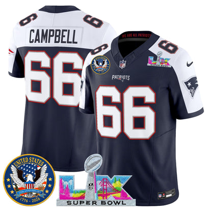 Men's New England Patriots "Super Bowl LX & United States 250th Patch" Vapor Limited Jersey - All Stitched