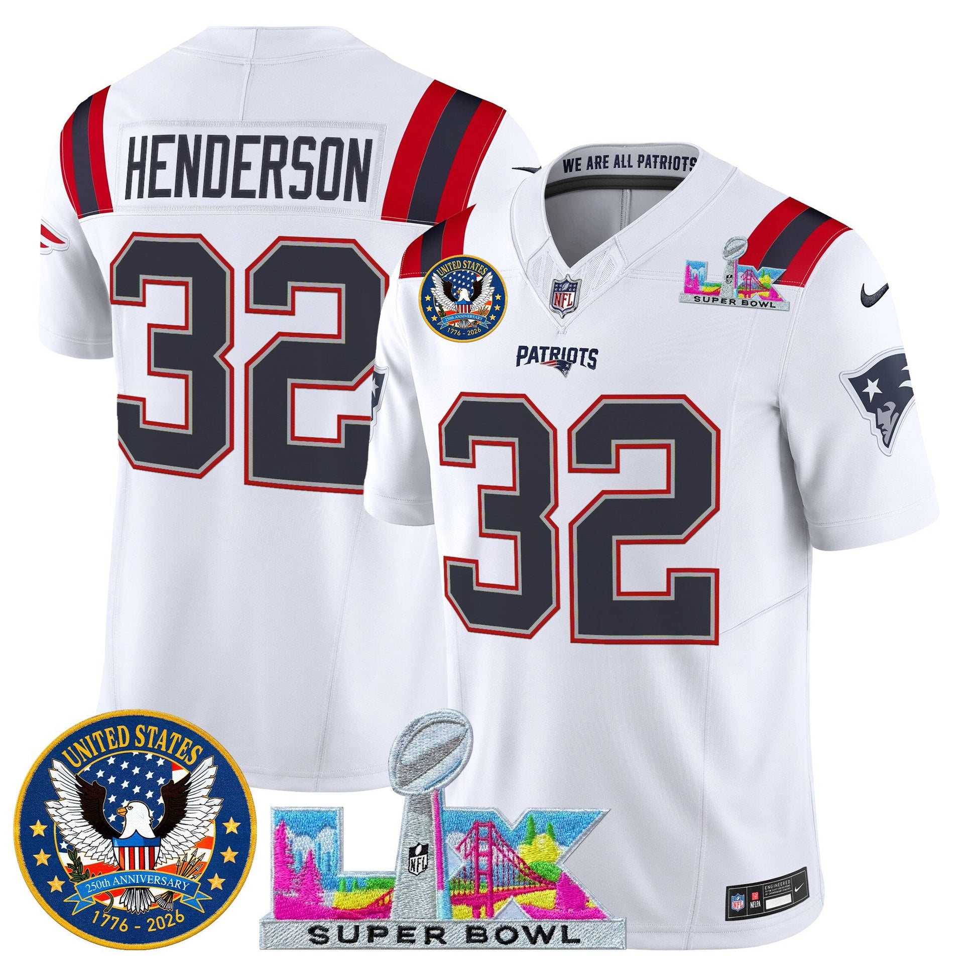 Men's New England Patriots "Super Bowl LX & United States 250th Patch" Vapor Limited Jersey - All Stitched