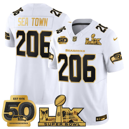 Men's Seattle Seahawks "Super Bowl LX & 50th Patch" Gold Vapor Limited Jersey - All Stitched