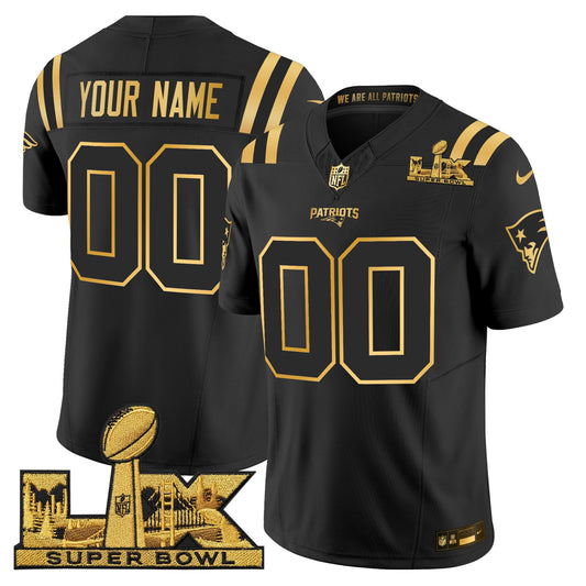 New England Patriots Super Bowl LX Gold Vapor Limited Custom Jersey - All Stitched