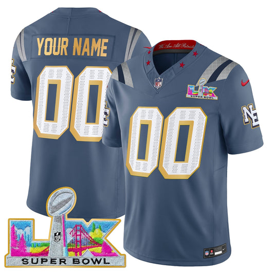 New England Patriots Super Bowl LX Gold Trim Vapor Limited Custom Jersey - All Stitched