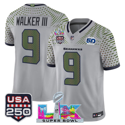 Men's Seattle Seahawks "Super Bowl LX & United States 250th Anniversary Patch" Vapor Limited Jersey - All Stitched