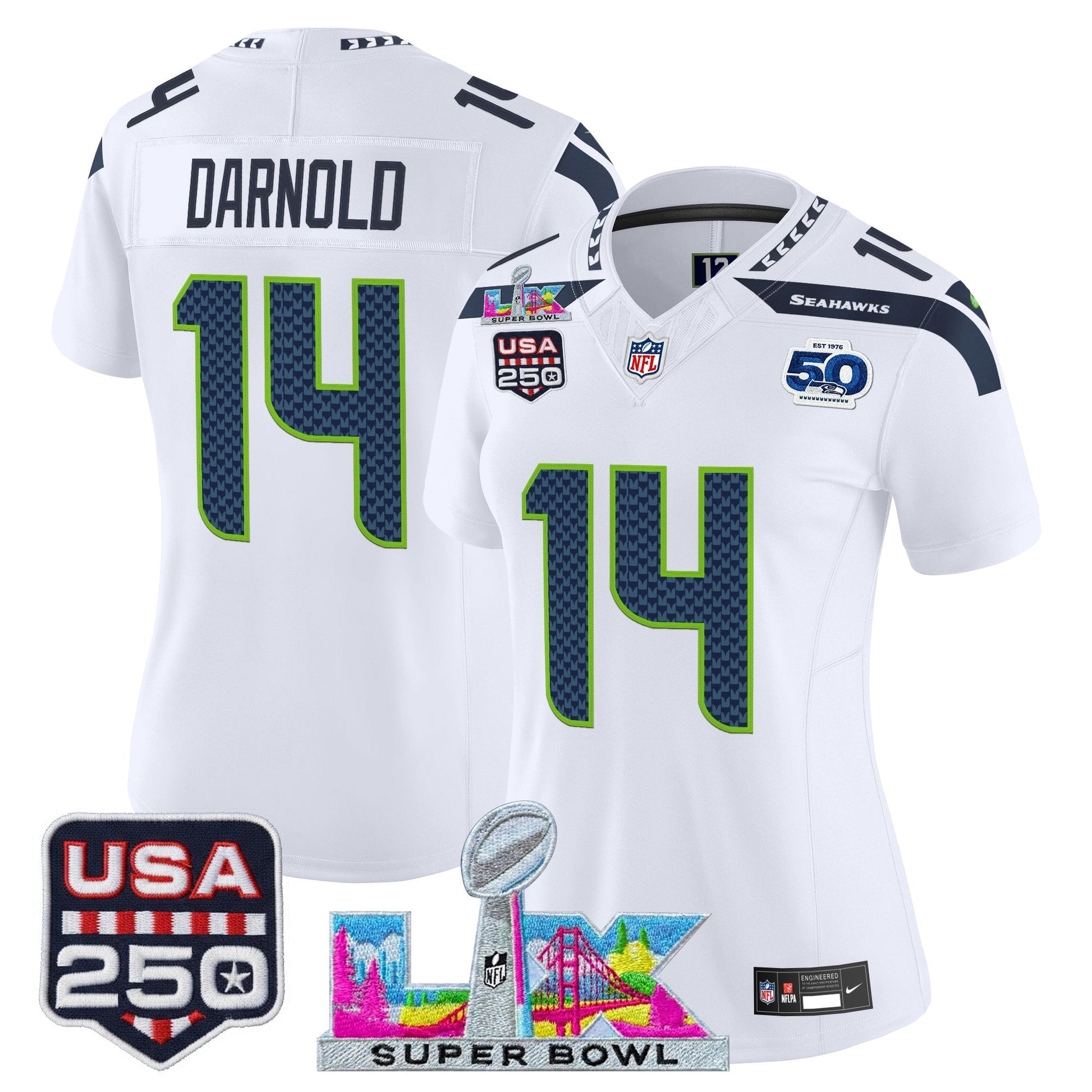 Women's Seattle Seahawks "Super Bowl LX & United States 250th Anniversary Patch" Vapor Limited Jersey - All Stitched