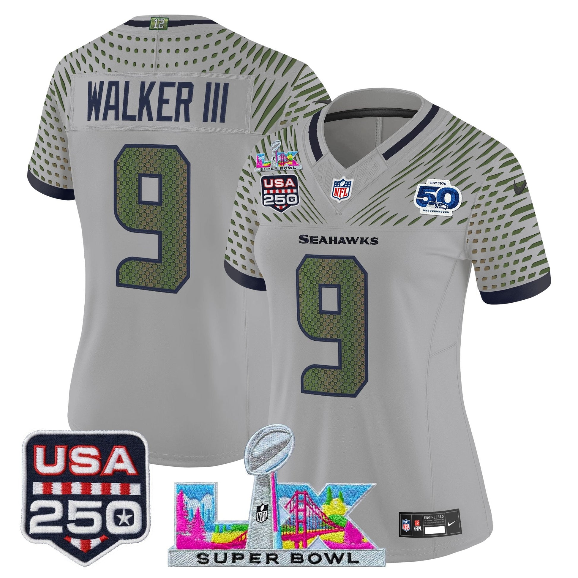 Women's Seattle Seahawks "Super Bowl LX & United States 250th Anniversary Patch" Vapor Limited Jersey - All Stitched