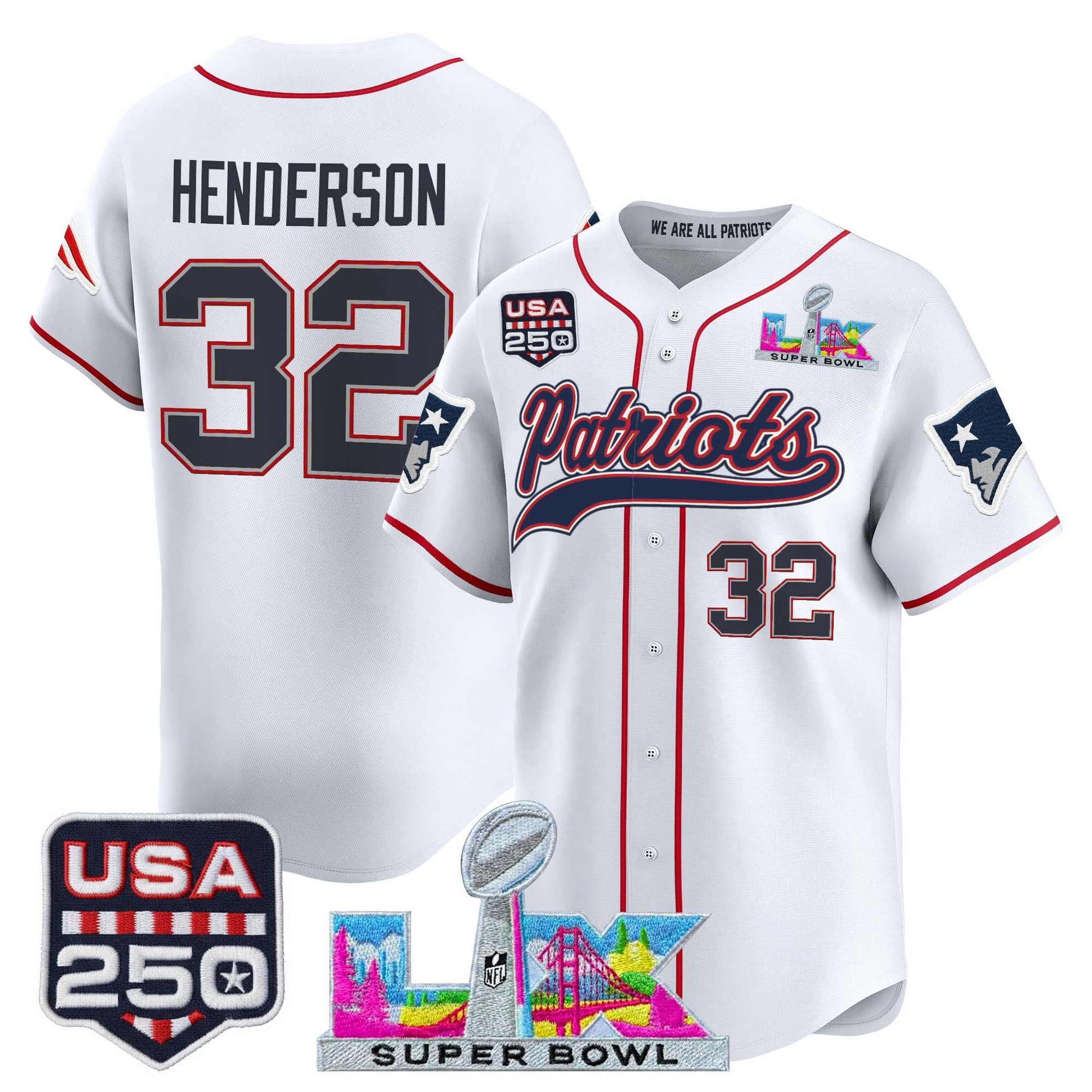 New England Patriots "Super Bowl LX & United States 250th Anniversary Patch" Vapor Baseball Jersey - Stitched