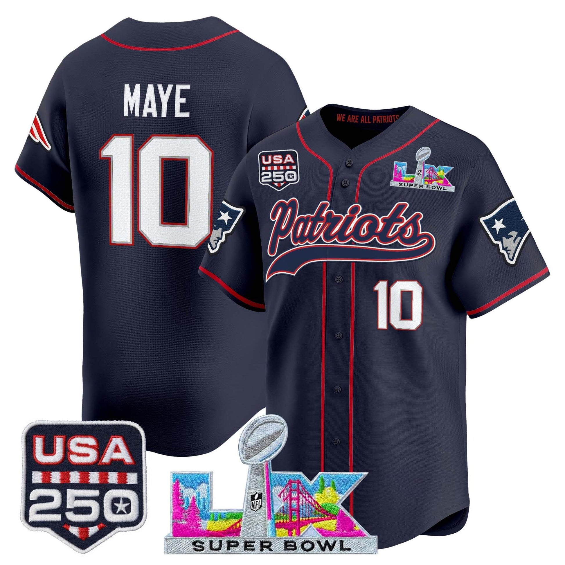 New England Patriots "Super Bowl LX & United States 250th Anniversary Patch" Vapor Baseball Jersey - Stitched
