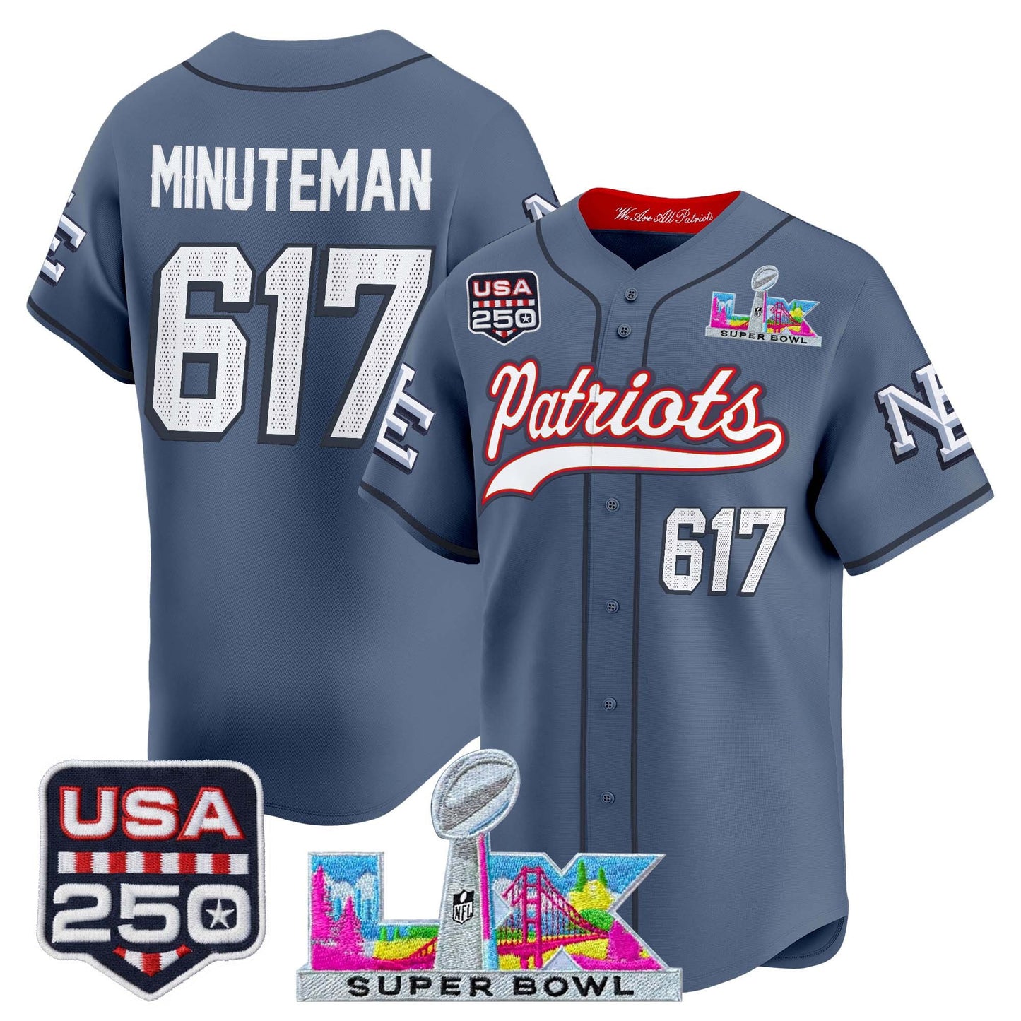 New England Patriots "Super Bowl LX & United States 250th Anniversary Patch" Vapor Baseball Jersey - Stitched