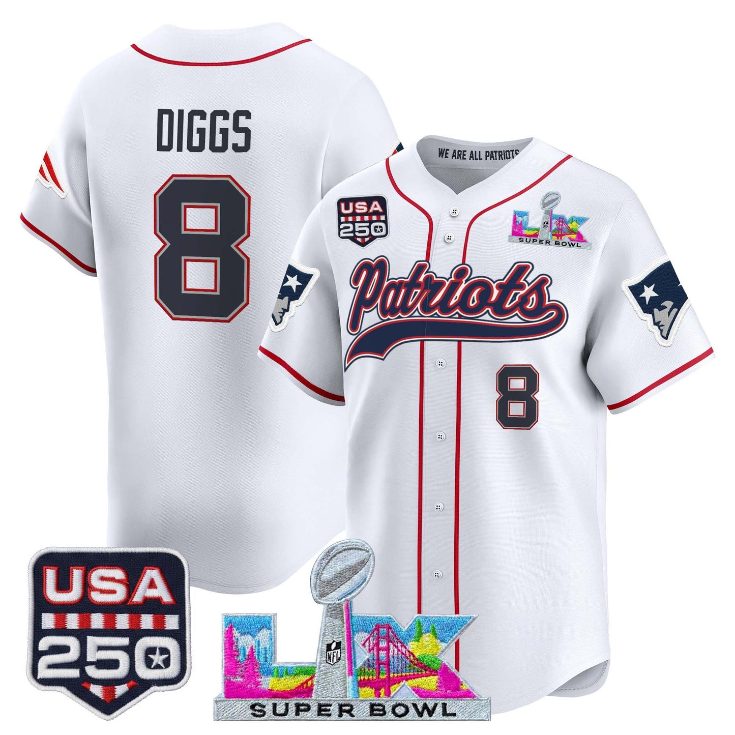 New England Patriots "Super Bowl LX & United States 250th Anniversary Patch" Vapor Baseball Jersey - Stitched