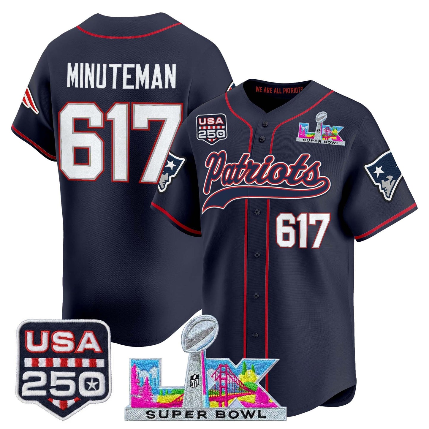 New England Patriots "Super Bowl LX & United States 250th Anniversary Patch" Vapor Baseball Jersey - Stitched