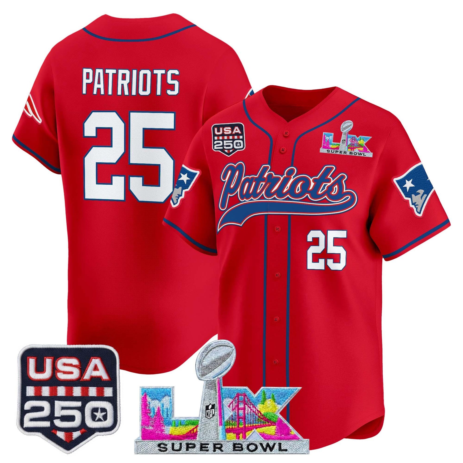New England Patriots "Super Bowl LX & United States 250th Anniversary Patch" Vapor Baseball Jersey - Stitched