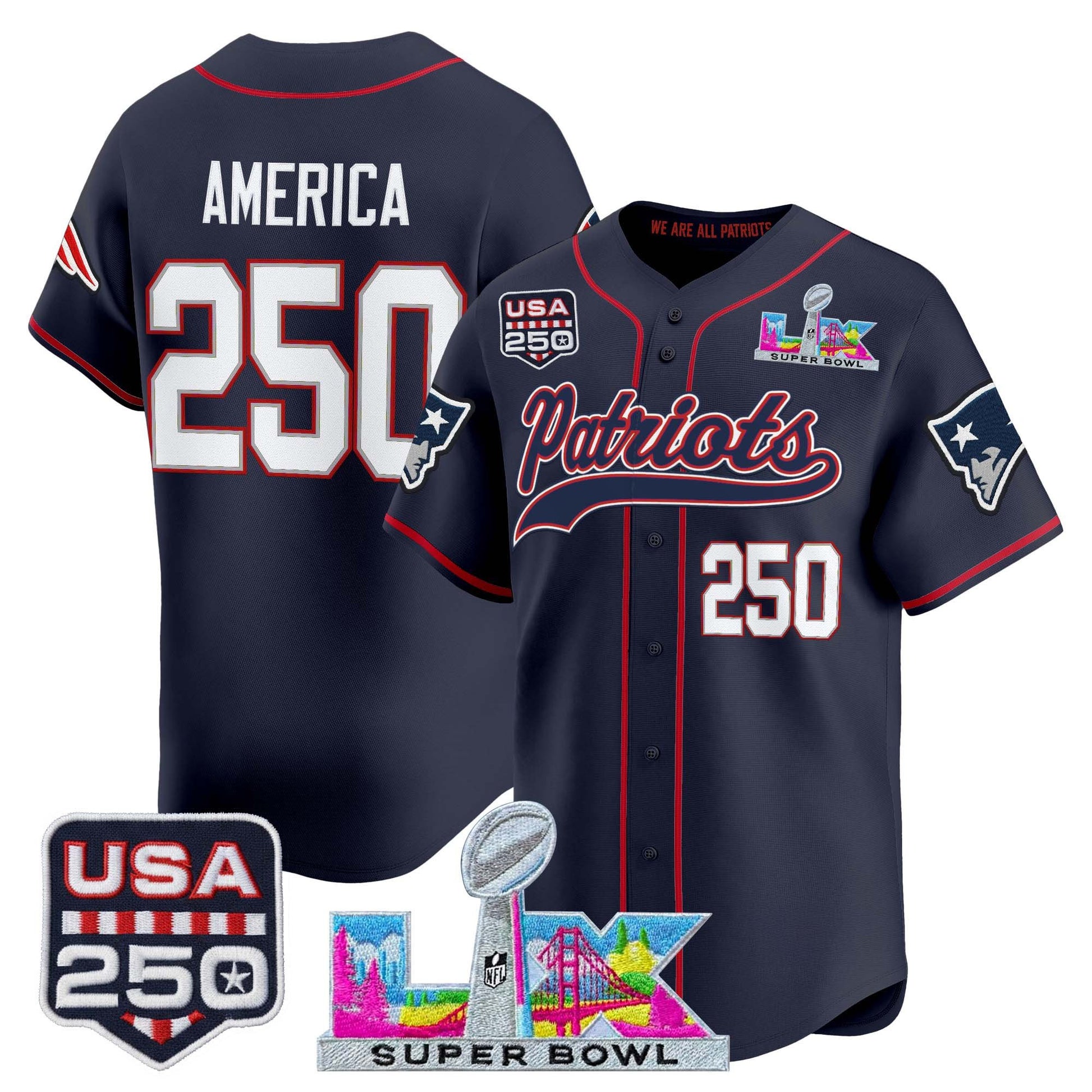 New England Patriots "Super Bowl LX & United States 250th Anniversary Patch" Vapor Baseball Jersey - Stitched