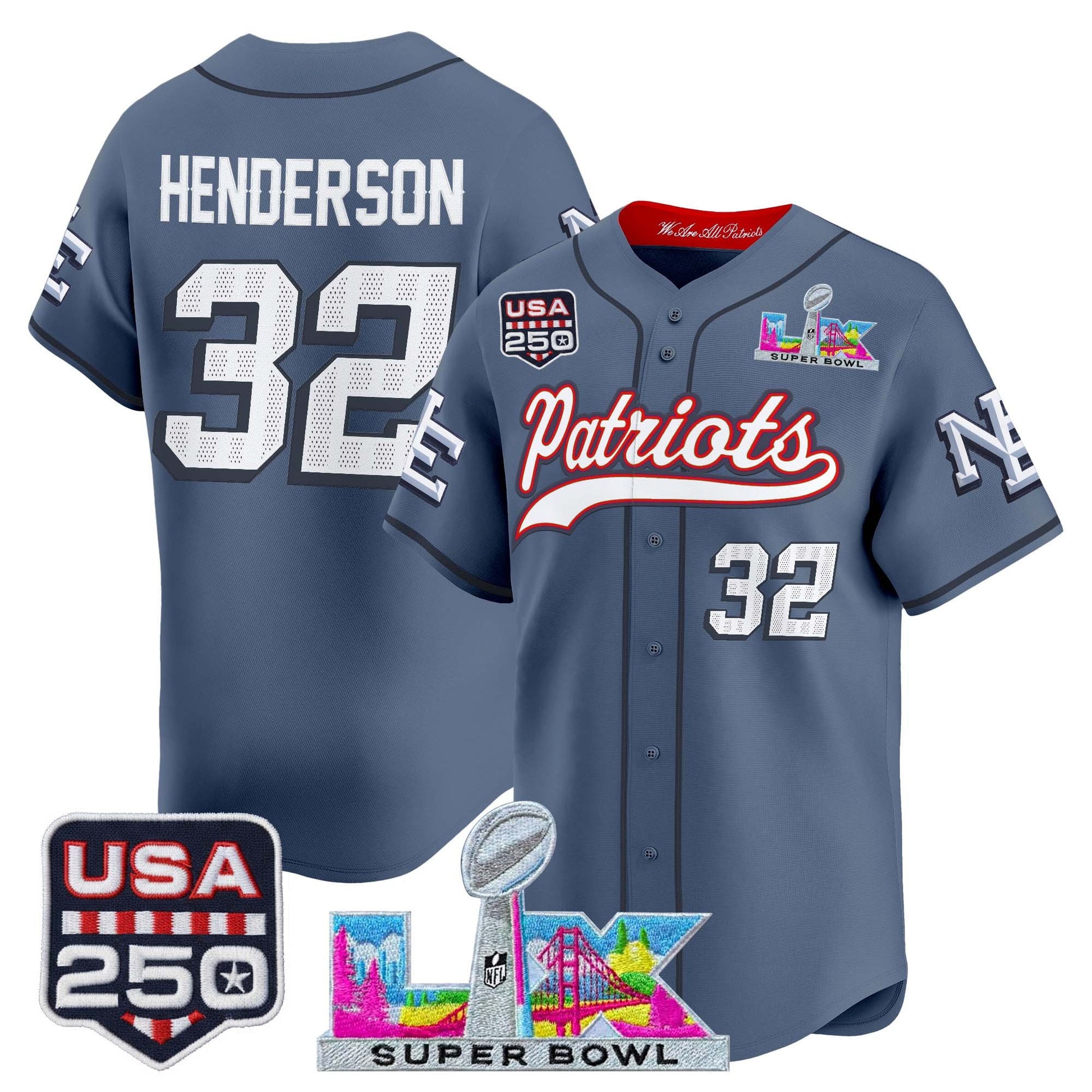 New England Patriots "Super Bowl LX & United States 250th Anniversary Patch" Vapor Baseball Jersey - Stitched