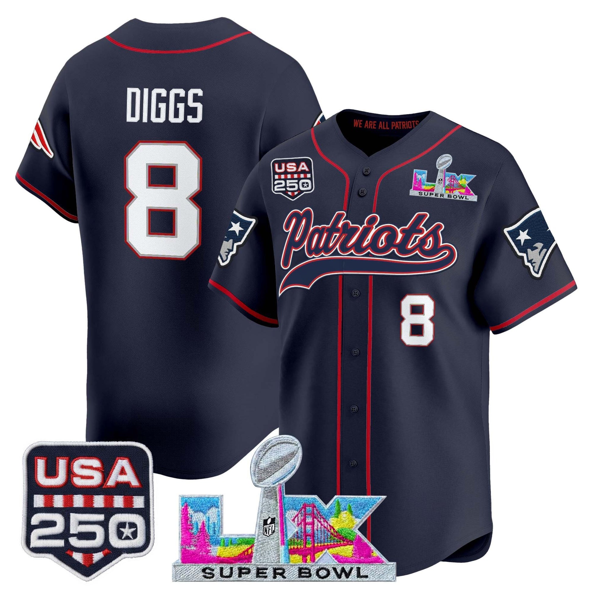 New England Patriots "Super Bowl LX & United States 250th Anniversary Patch" Vapor Baseball Jersey - Stitched