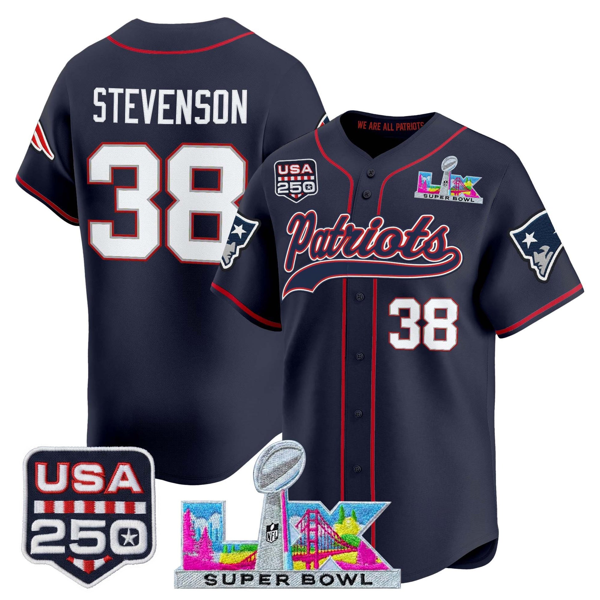 New England Patriots "Super Bowl LX & United States 250th Anniversary Patch" Vapor Baseball Jersey - Stitched