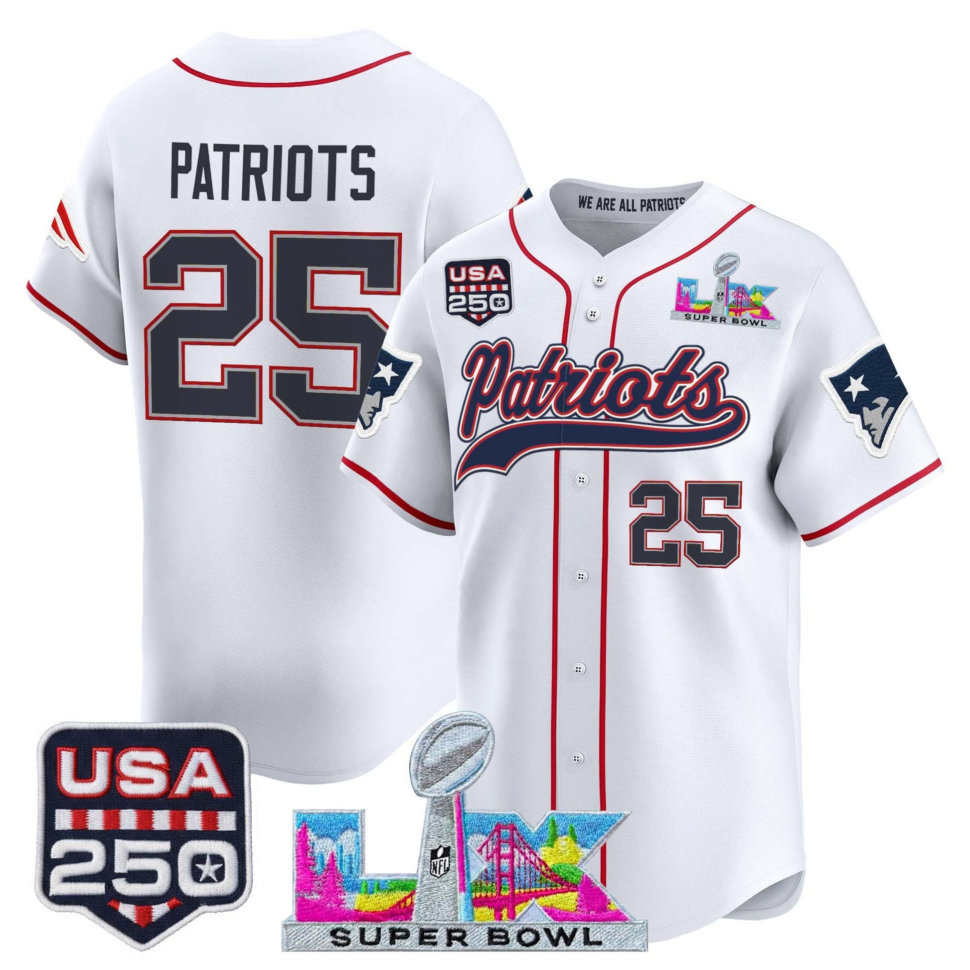 New England Patriots "Super Bowl LX & United States 250th Anniversary Patch" Vapor Baseball Jersey - Stitched