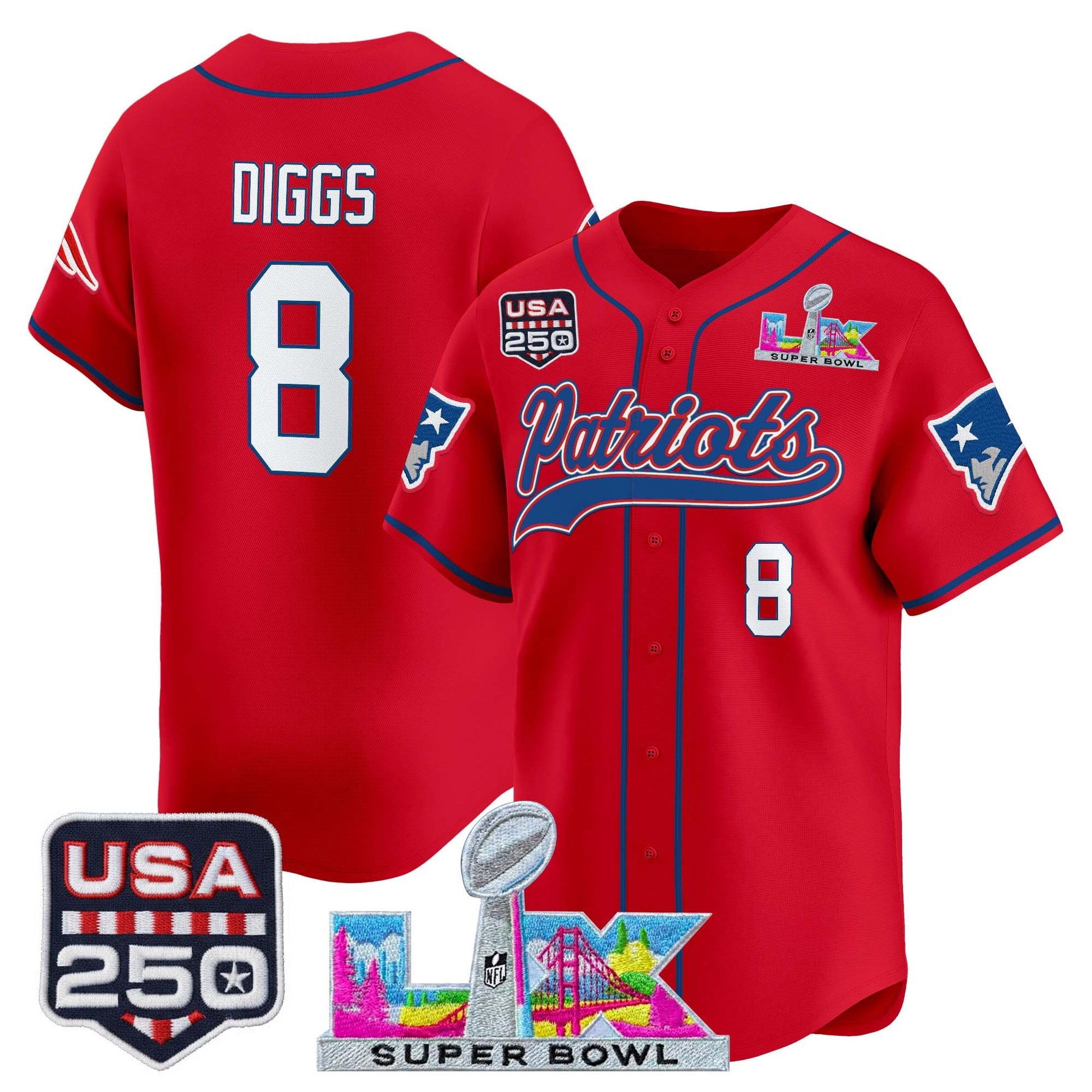 New England Patriots "Super Bowl LX & United States 250th Anniversary Patch" Vapor Baseball Jersey - Stitched